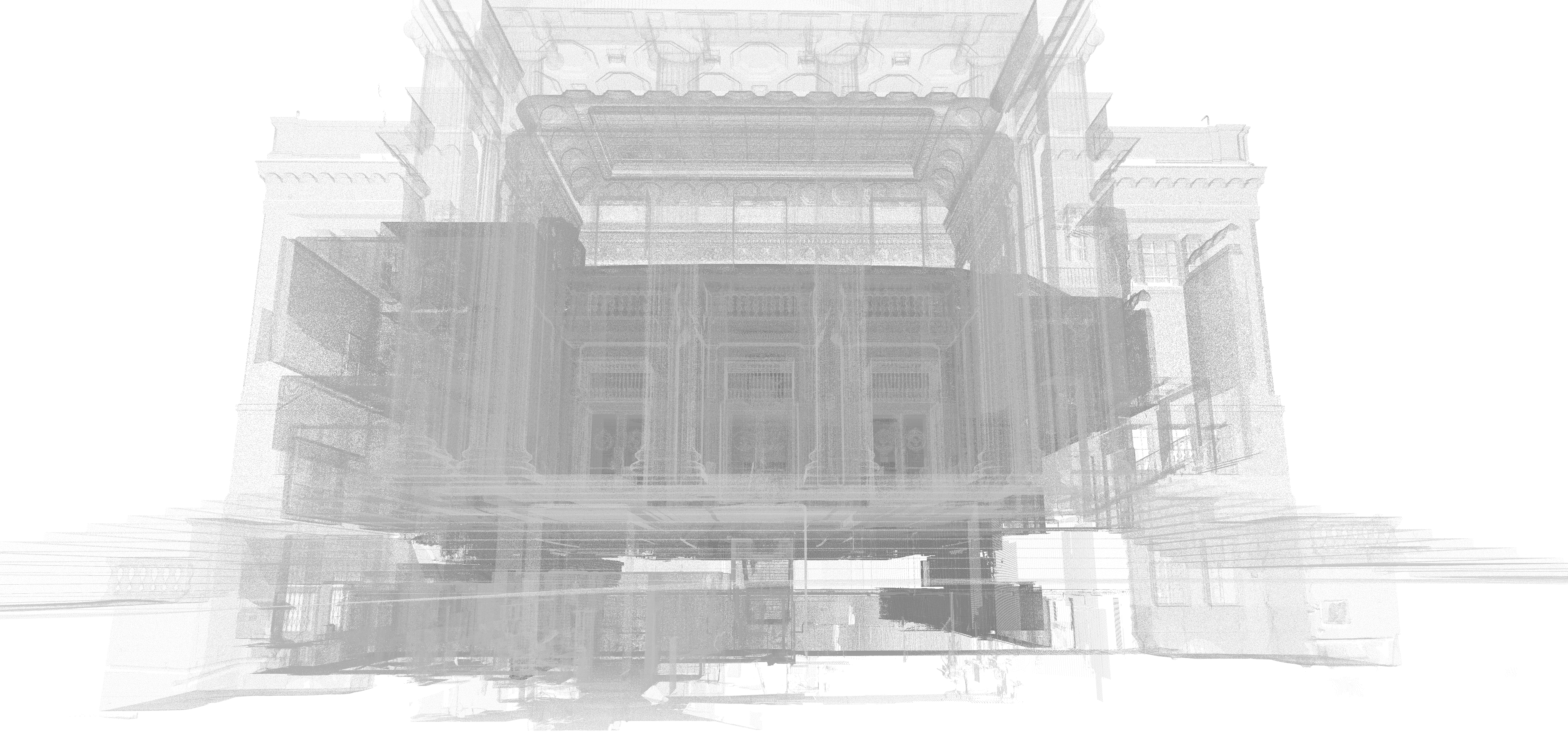 An exterior view of the state library, rendered as a point cloud scan. 