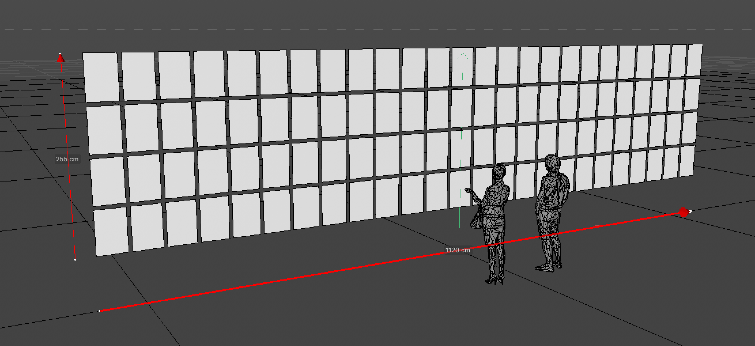A screenshot of 3D CAD software showing a 25 by 4 grid of white rectangles and two people standing in front of them. Two red lines show the scale of the grid: 1120 cm wide and 225 cm tall. 