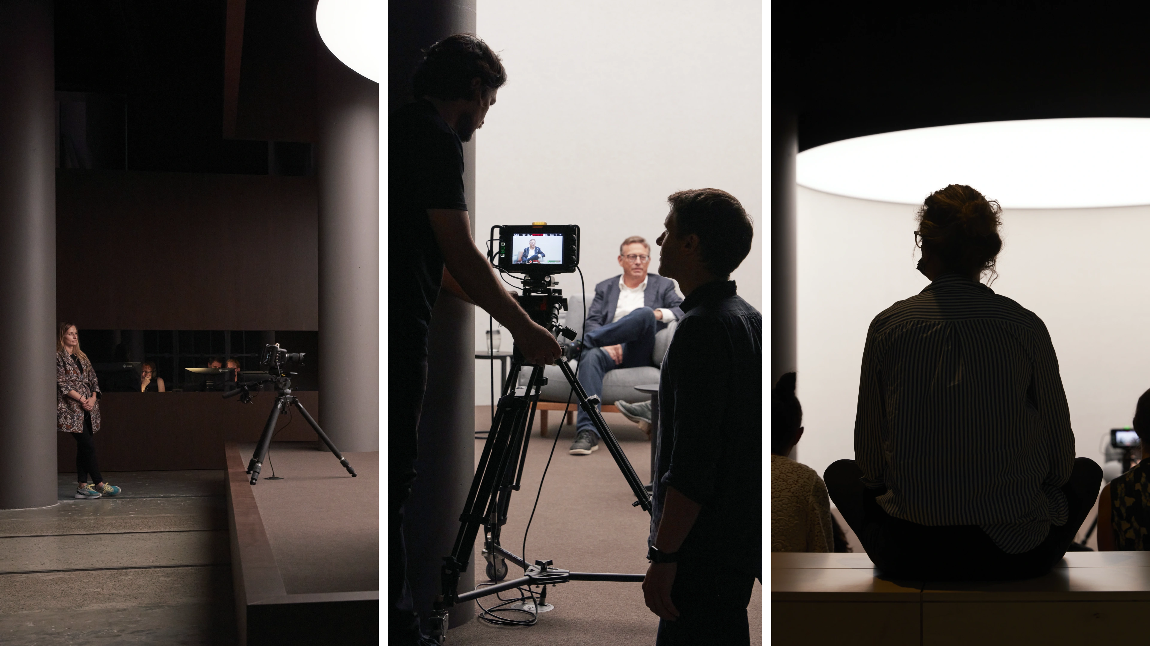 Three photographs: a woman watching an interview take place; two silhouetted men operating a camera in front of an interview taking place; the silhouete of a woman sitting in the audience watching an interview take place. 