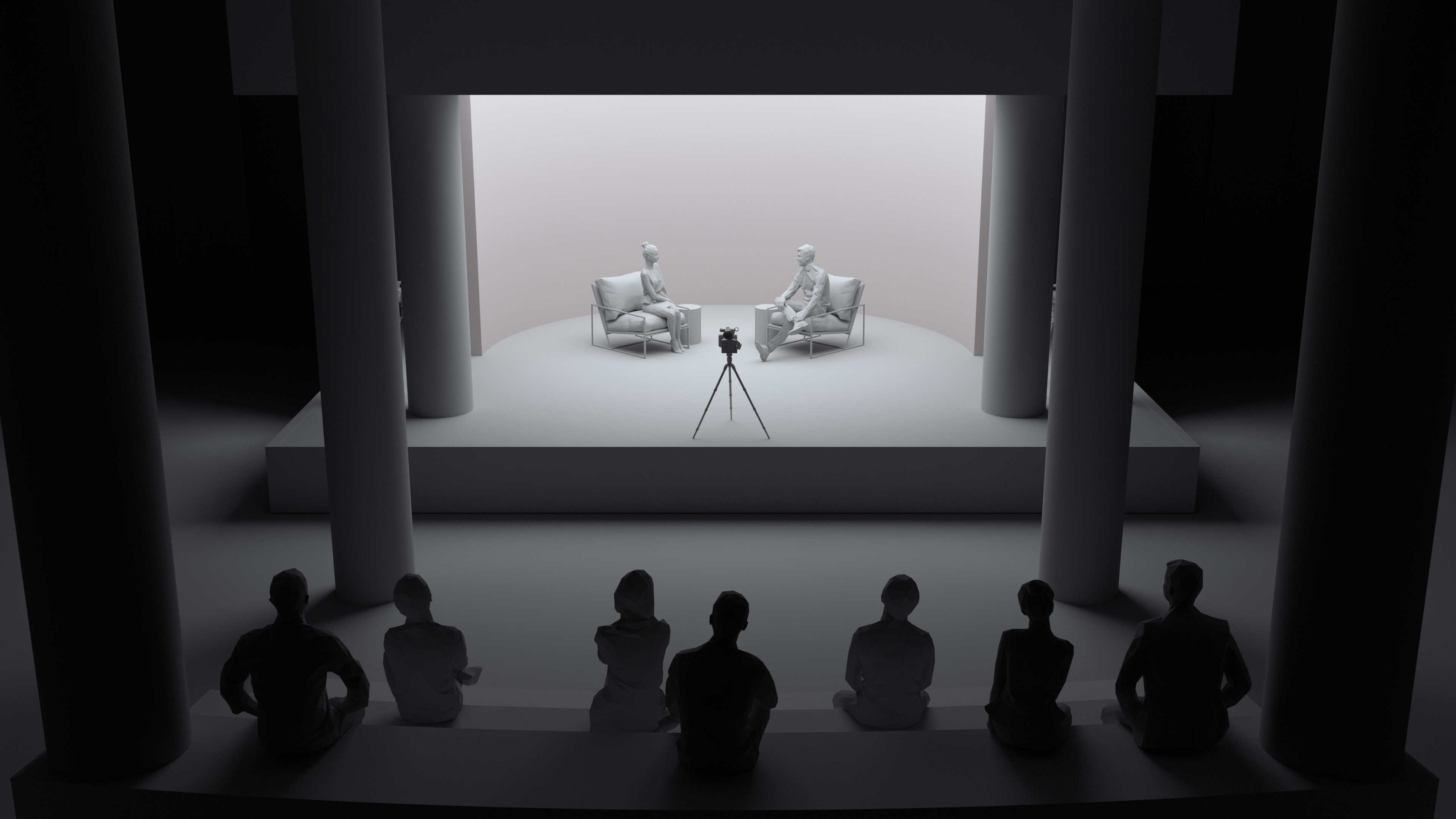 3D render of two people sitting in large grey chairs on a well-lit stage conducting an interview. Everything in the image is white, as if made of plaster. 