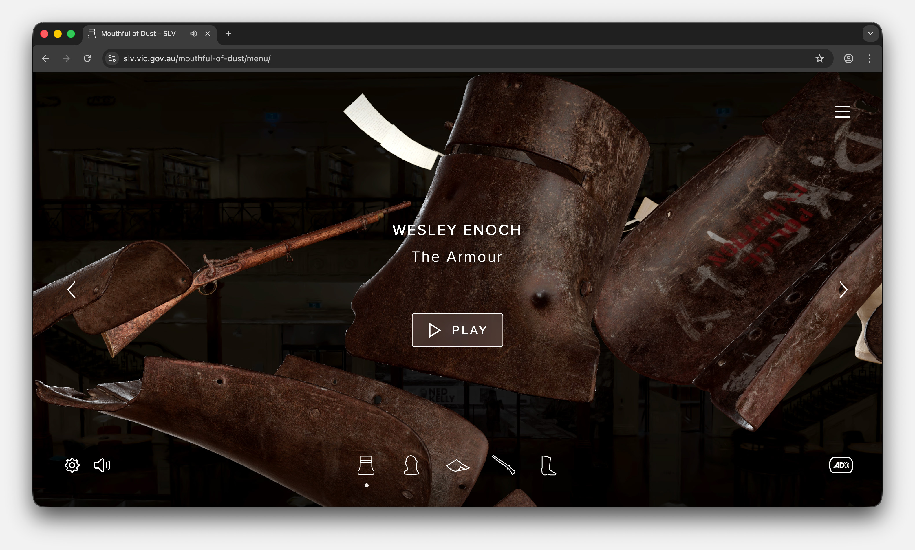 Metal armour pieces and an old rifle floating against a dark background with text 'Wesley Enoch, The Armour' and a play button in the centre.