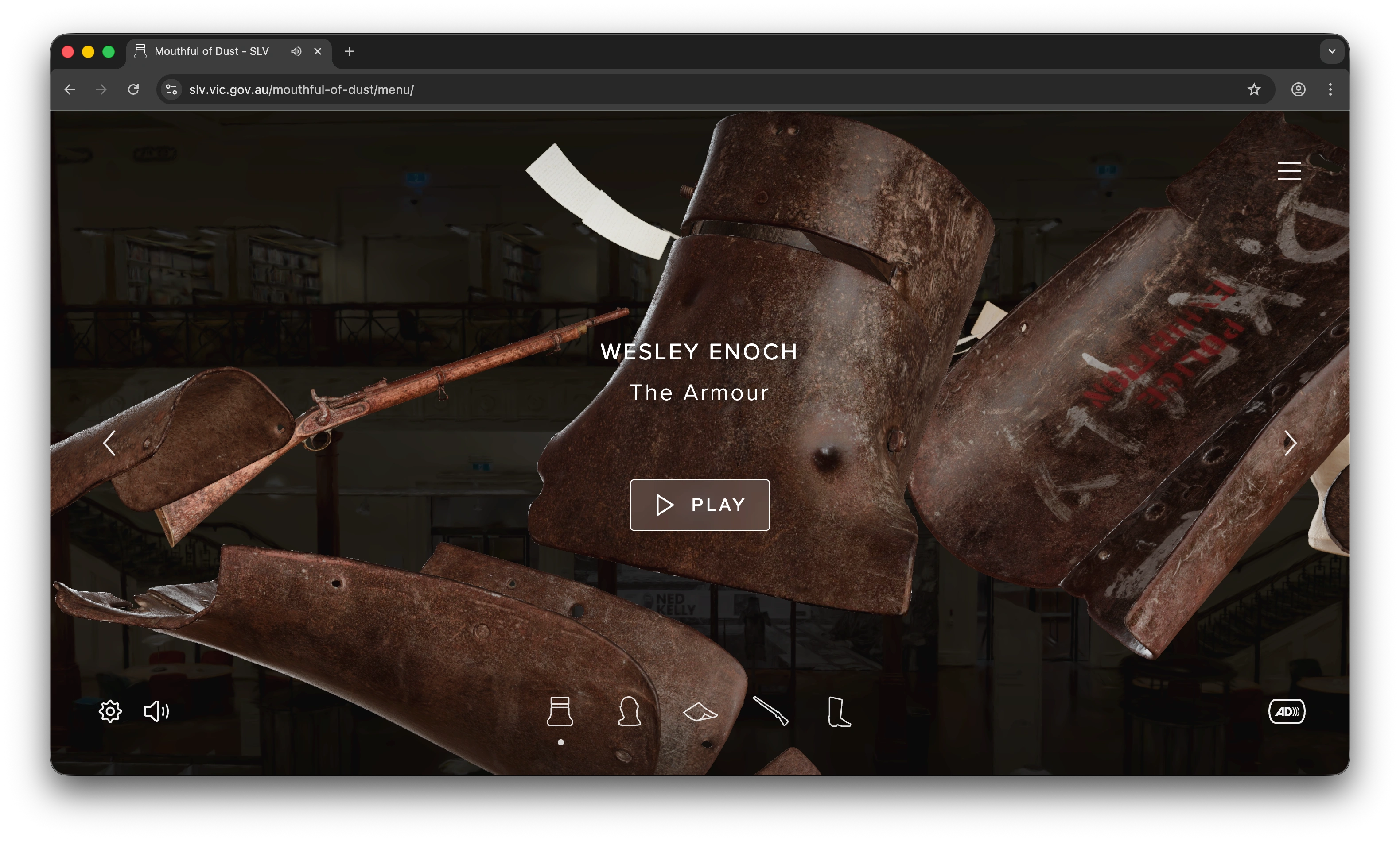 Metal armour pieces and an old rifle floating against a dark background with text 'Wesley Enoch, The Armour' and a play button in the centre.