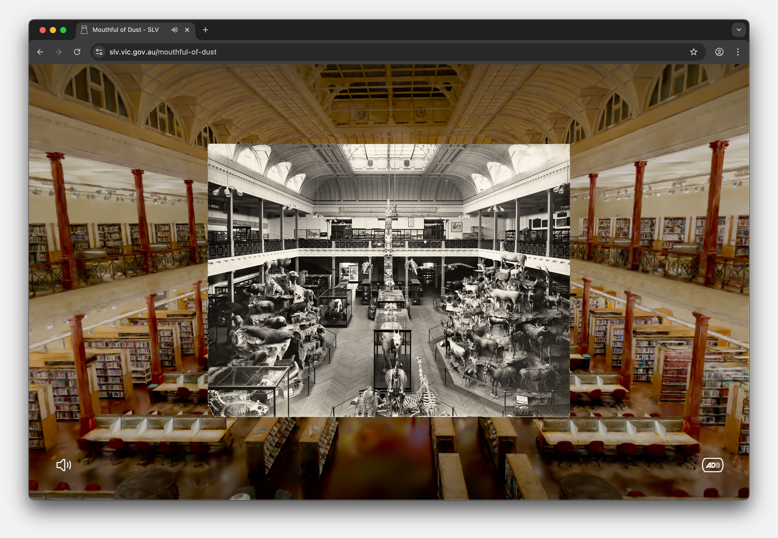 A browser window displaying a website with a sepia-toned library interior background and a black-and-white historical photo the same room filled with taxidermy animals overlayed in the centre. 