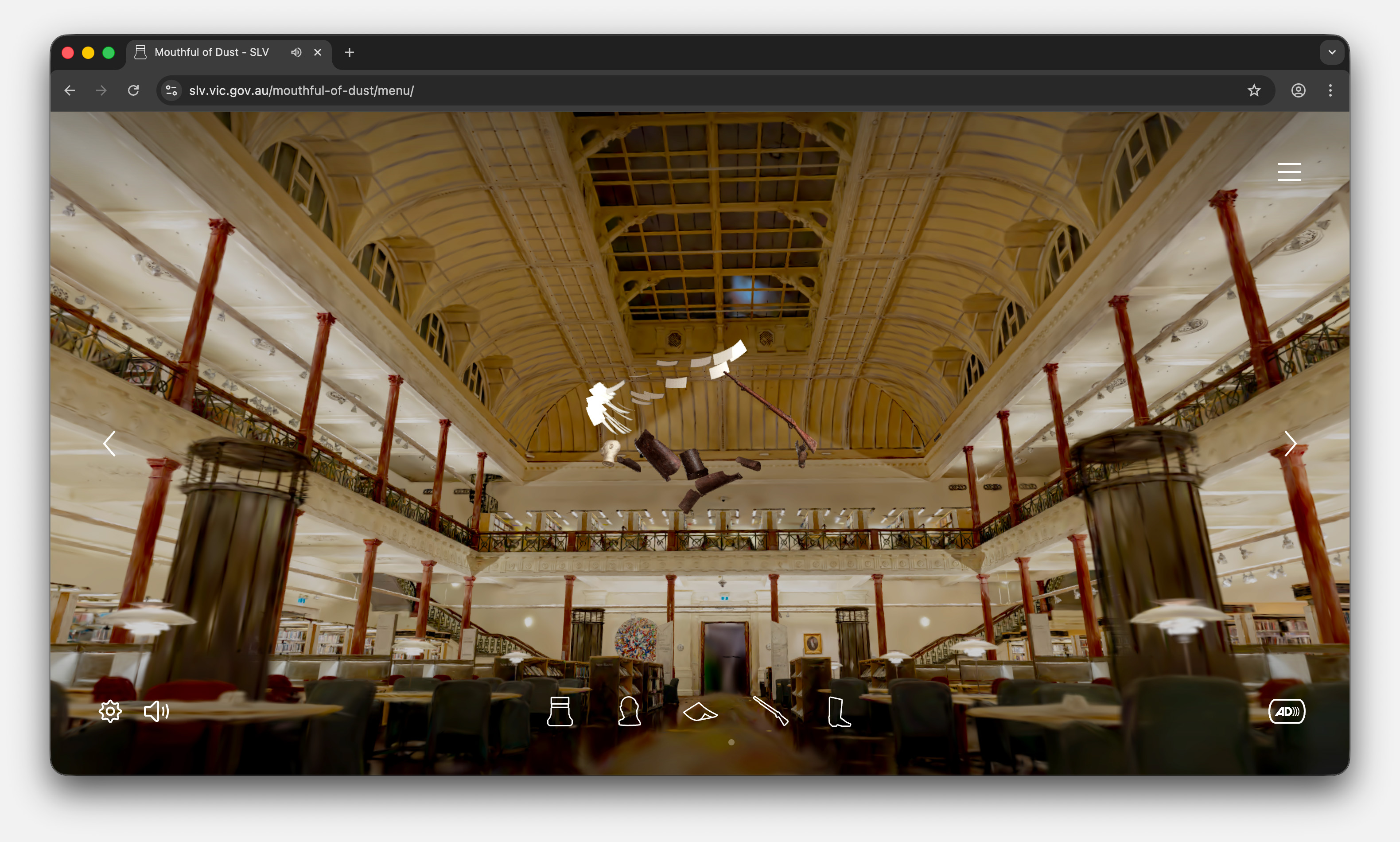 In a browser window, the interior of a large library with high vaulted ceilings, red columns, tables, chairs, and bookshelves, with suspended scattered pages and objects in the centre.