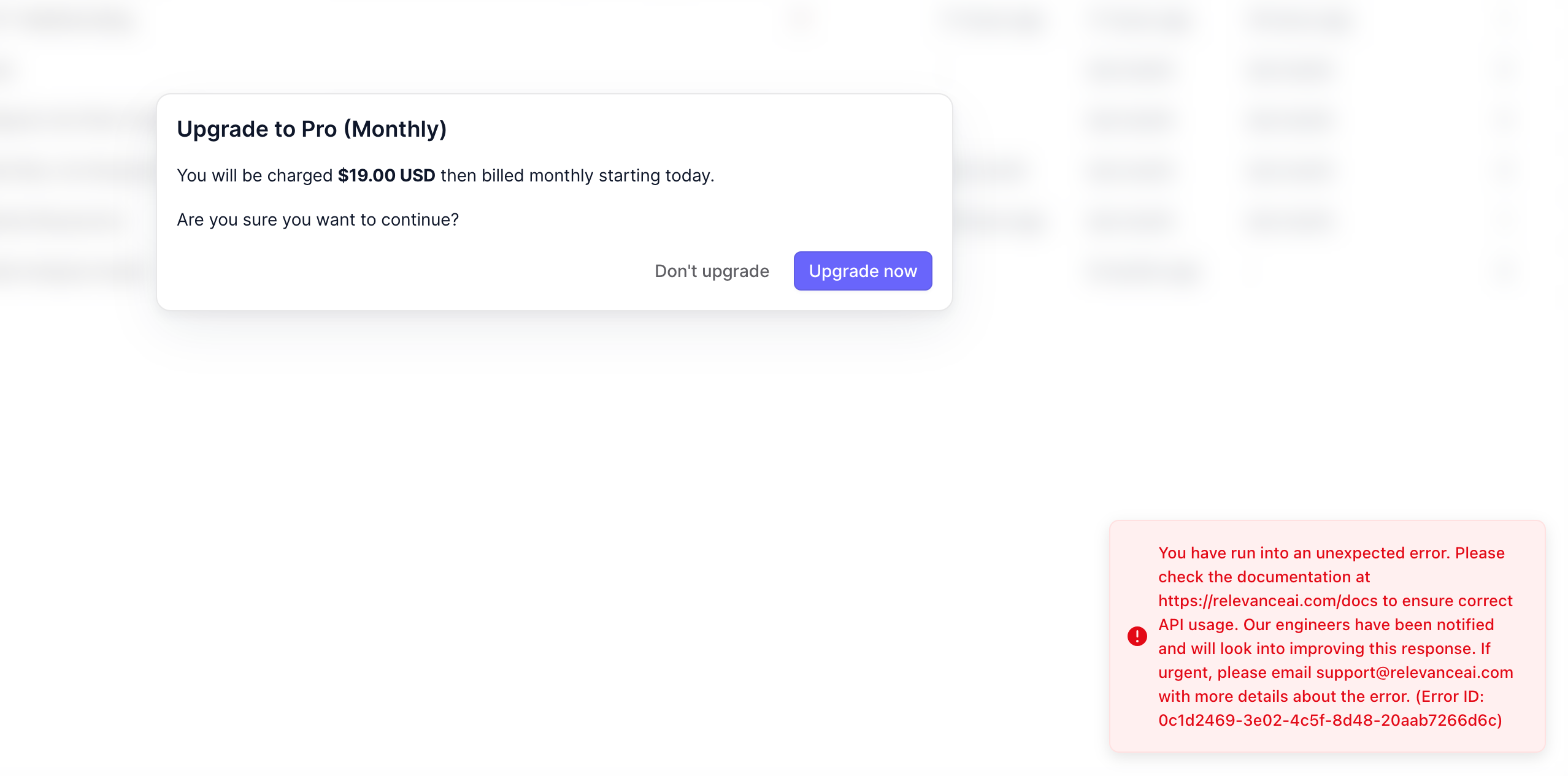 Error during upgrade to Pro (Monthly) prevents subscription confirmation