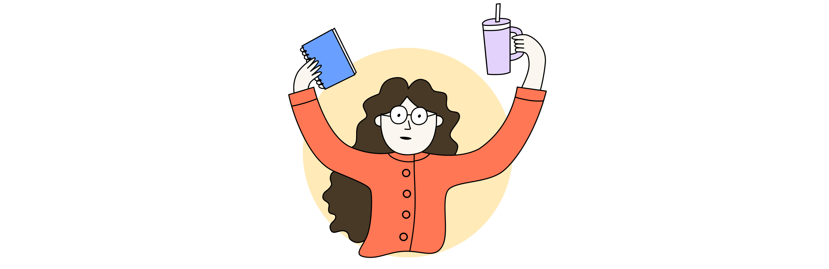 Illustration of woman with light skin and long wavy brown hair wearing a red cardian, glasses, and holding a blue notebook and purple water bottle