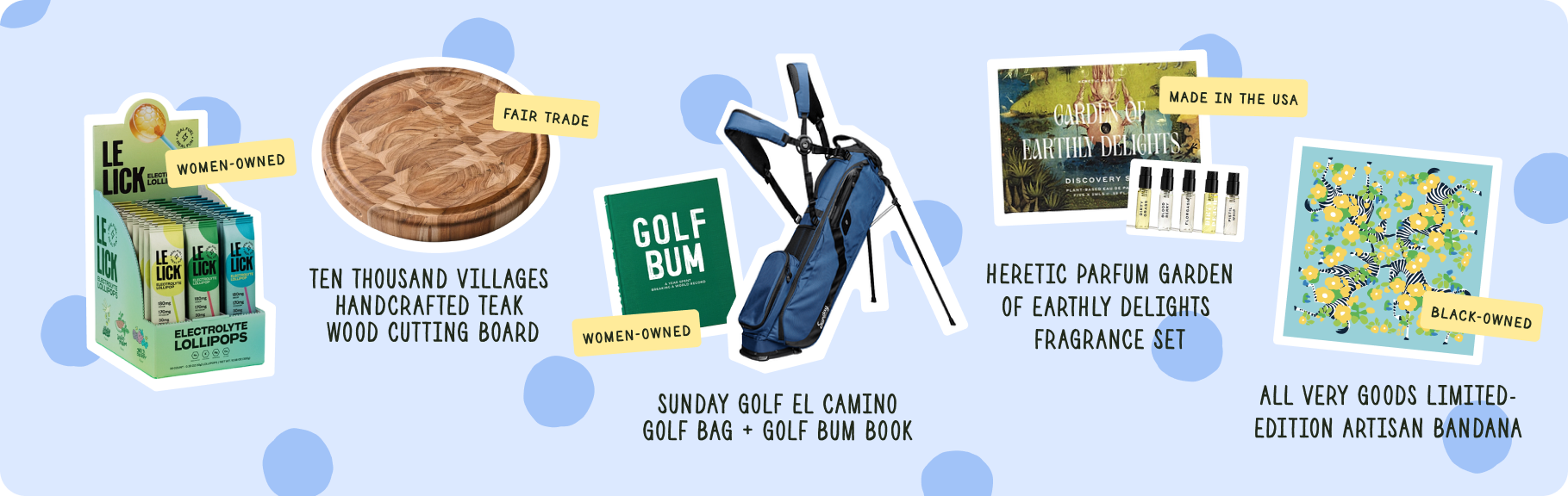 New 2026 gifts: LeLick lollipops, teak cutting board, Sunday Golf bag and book, Heretic fragrance set, artisan bandana.