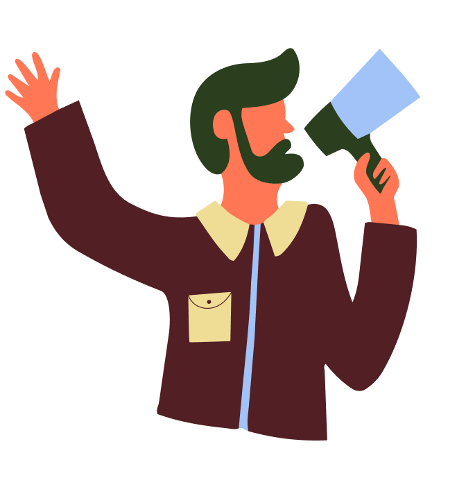 Illustration of a person waving and speaking into a megaphone.