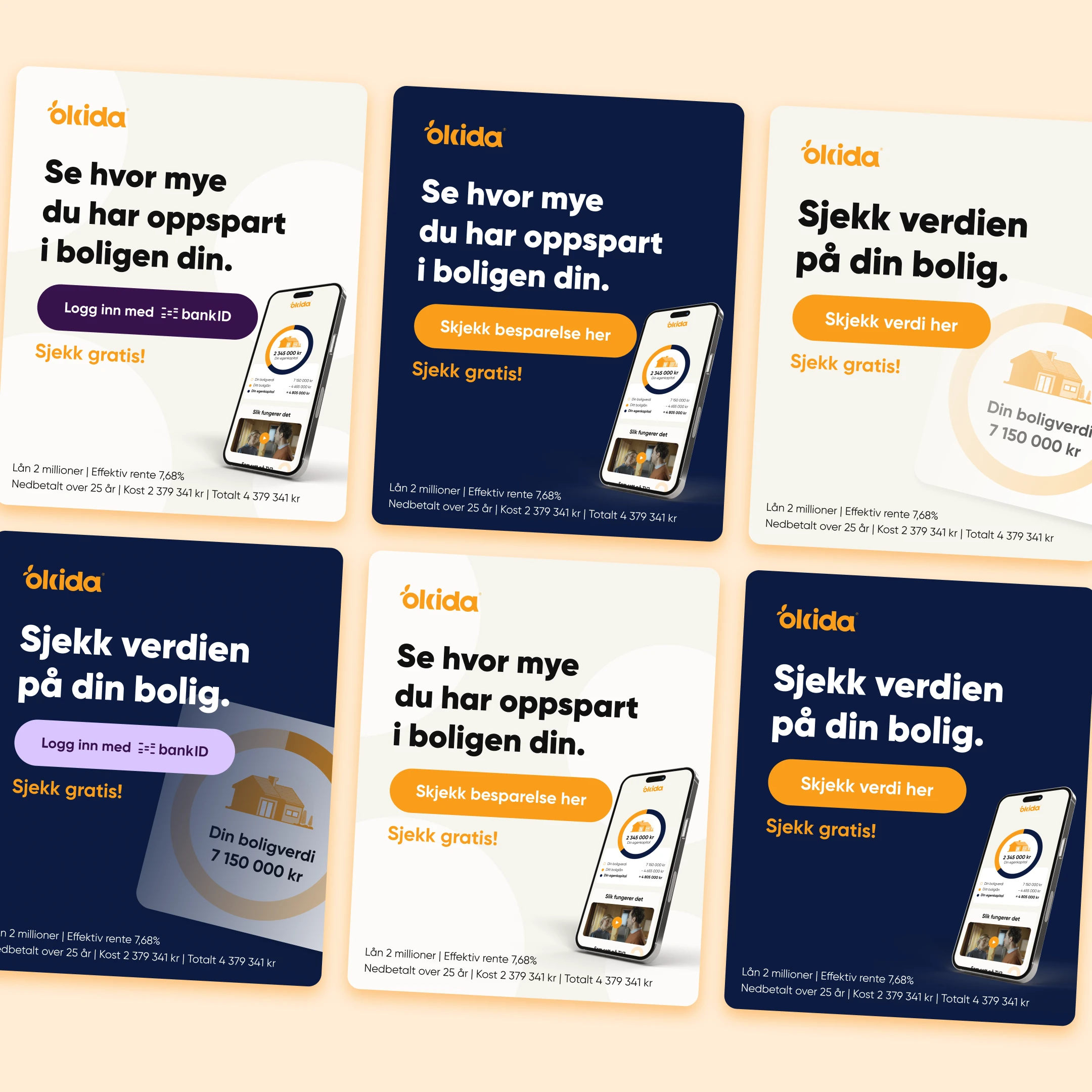 Vyer över flera olika annonser. Utplacerade som kort i ett rutnät.