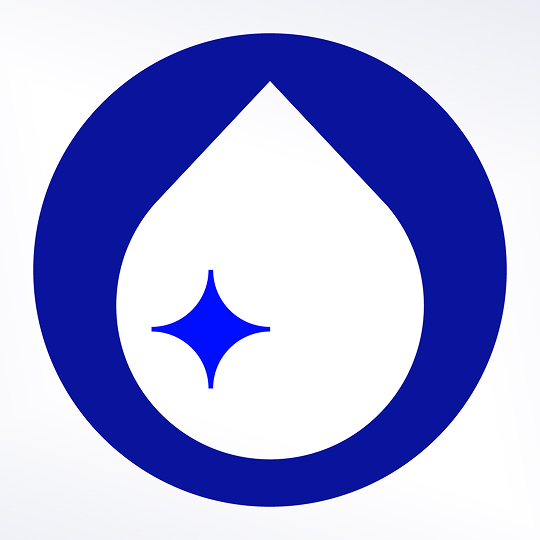 Blue water droplet icon with a sparkling star inside, set against a circular dark blue background.
