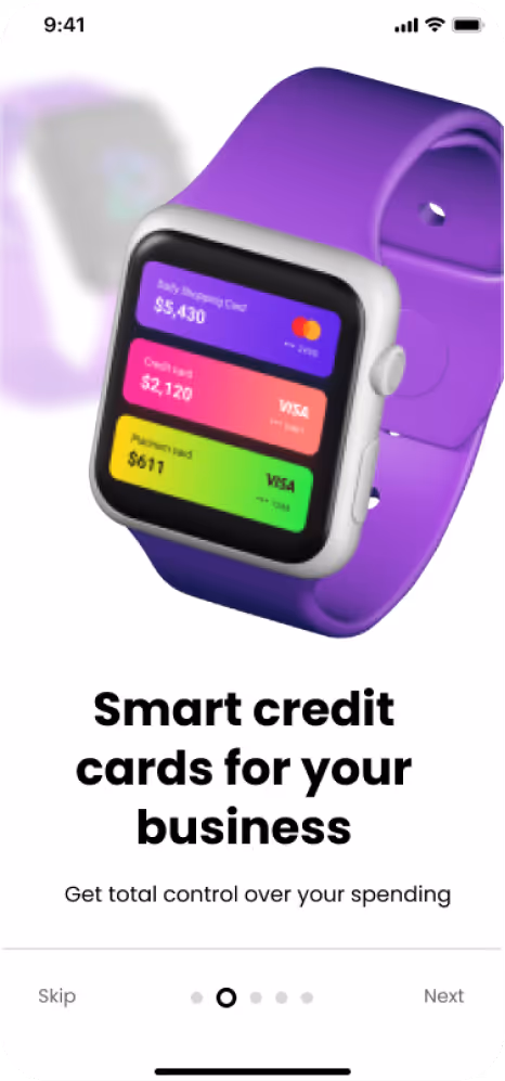 A smart watch with the text smart credit cards for your business.