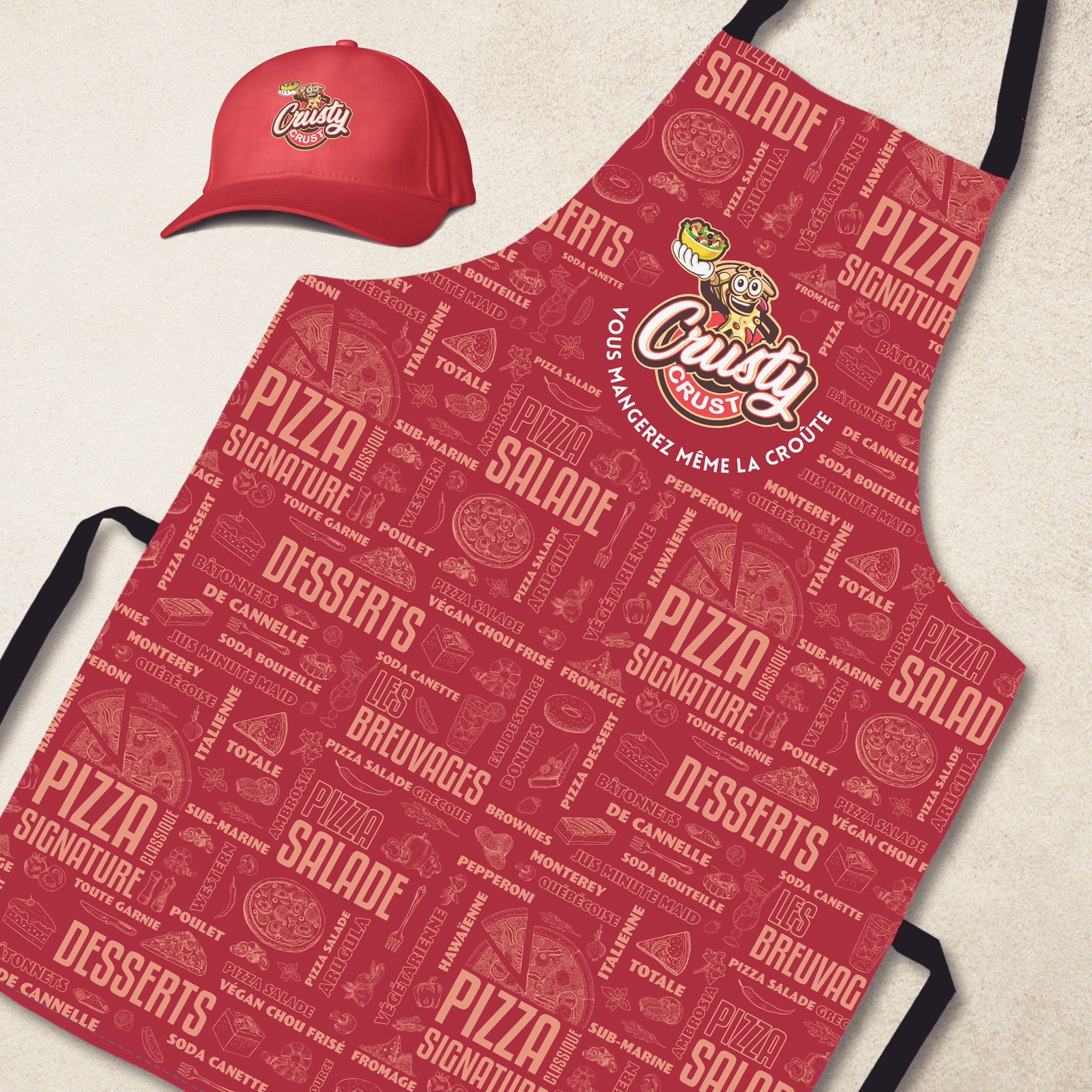 design de tabliers et casquettes pour pizzeria Crusty Crust à Montréal, branding et graphisme