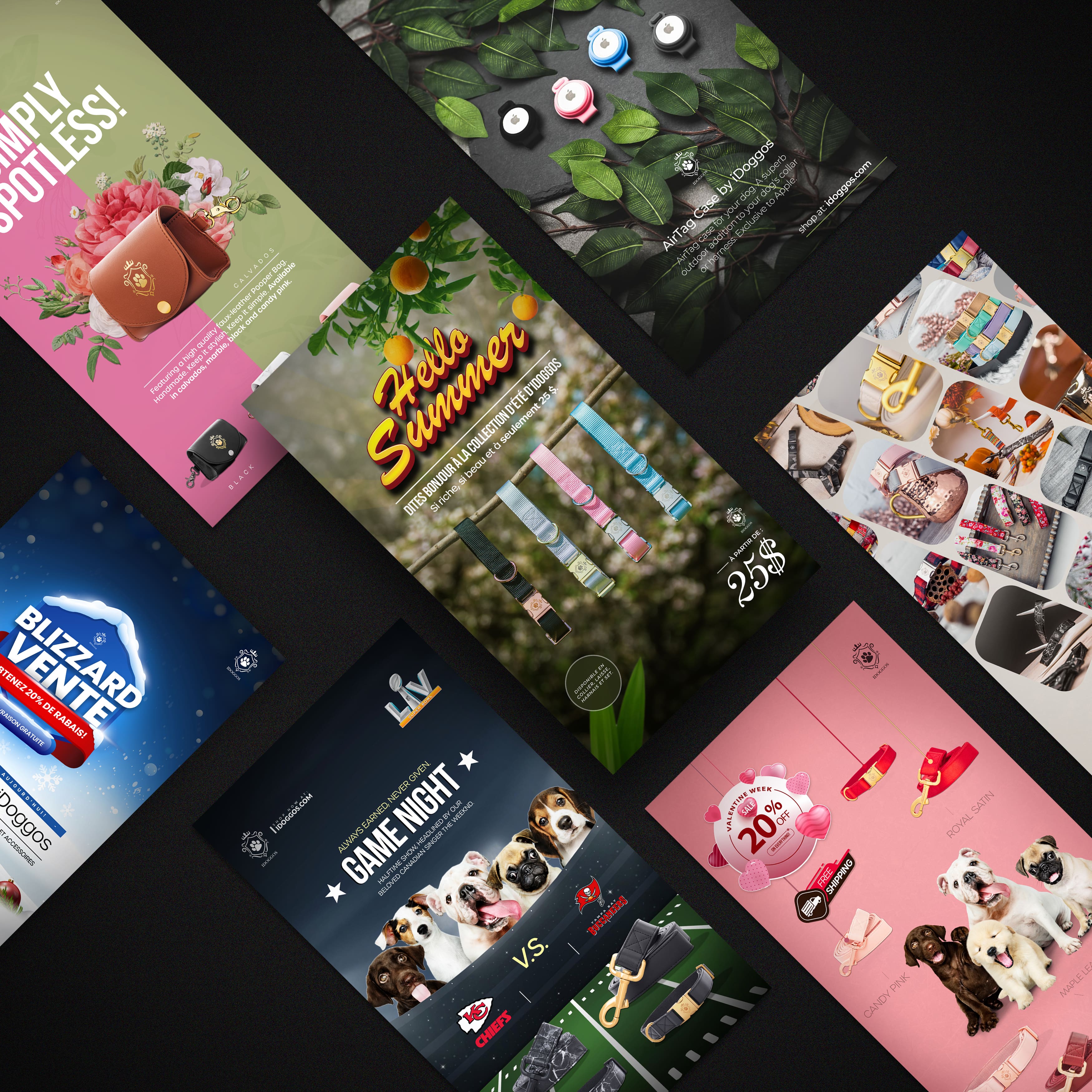 aperçu de design web, graphique et branding pour la marque e-commerce iDoggos