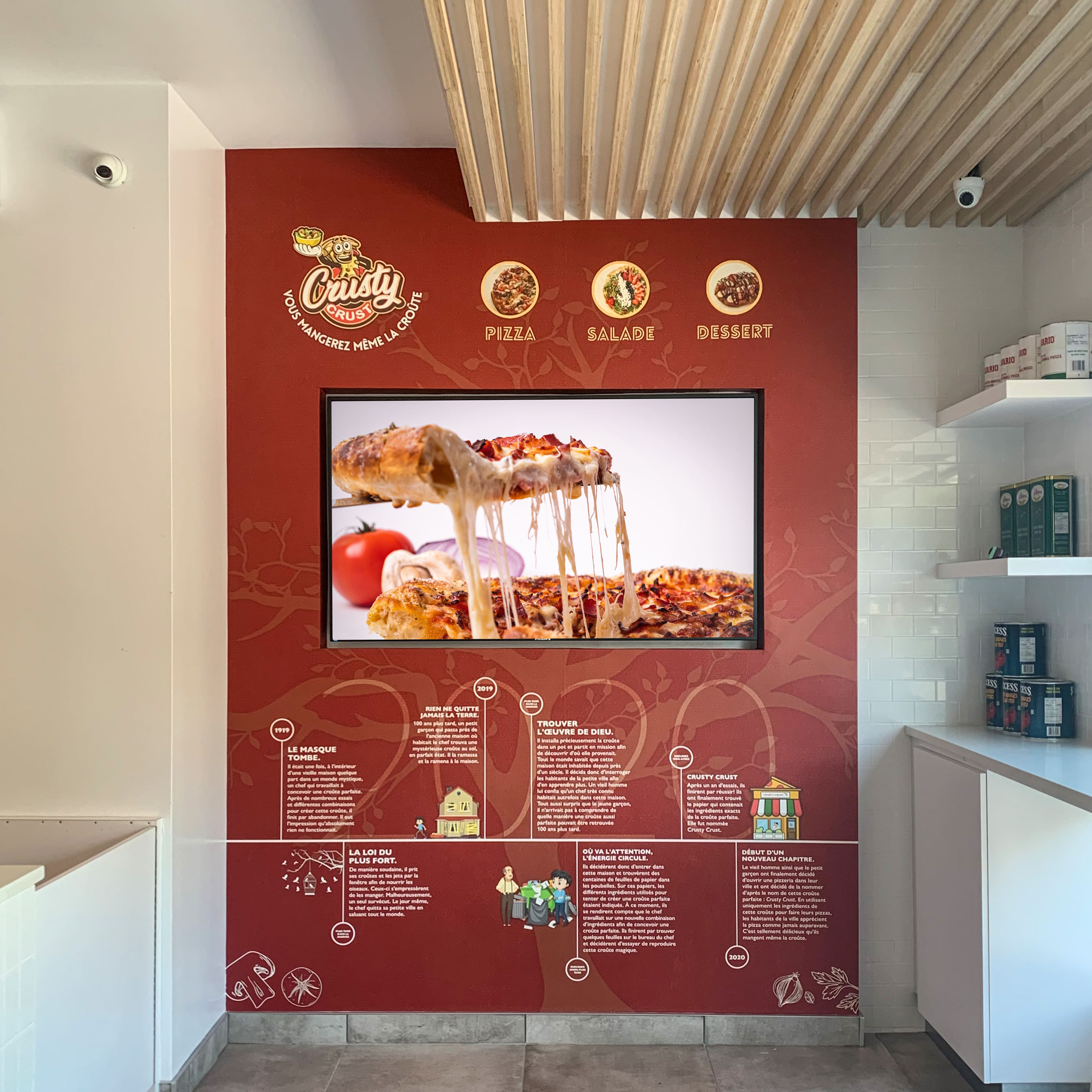 design de papier peint et branding pour la pizzeria Crusty Crust à Montréal