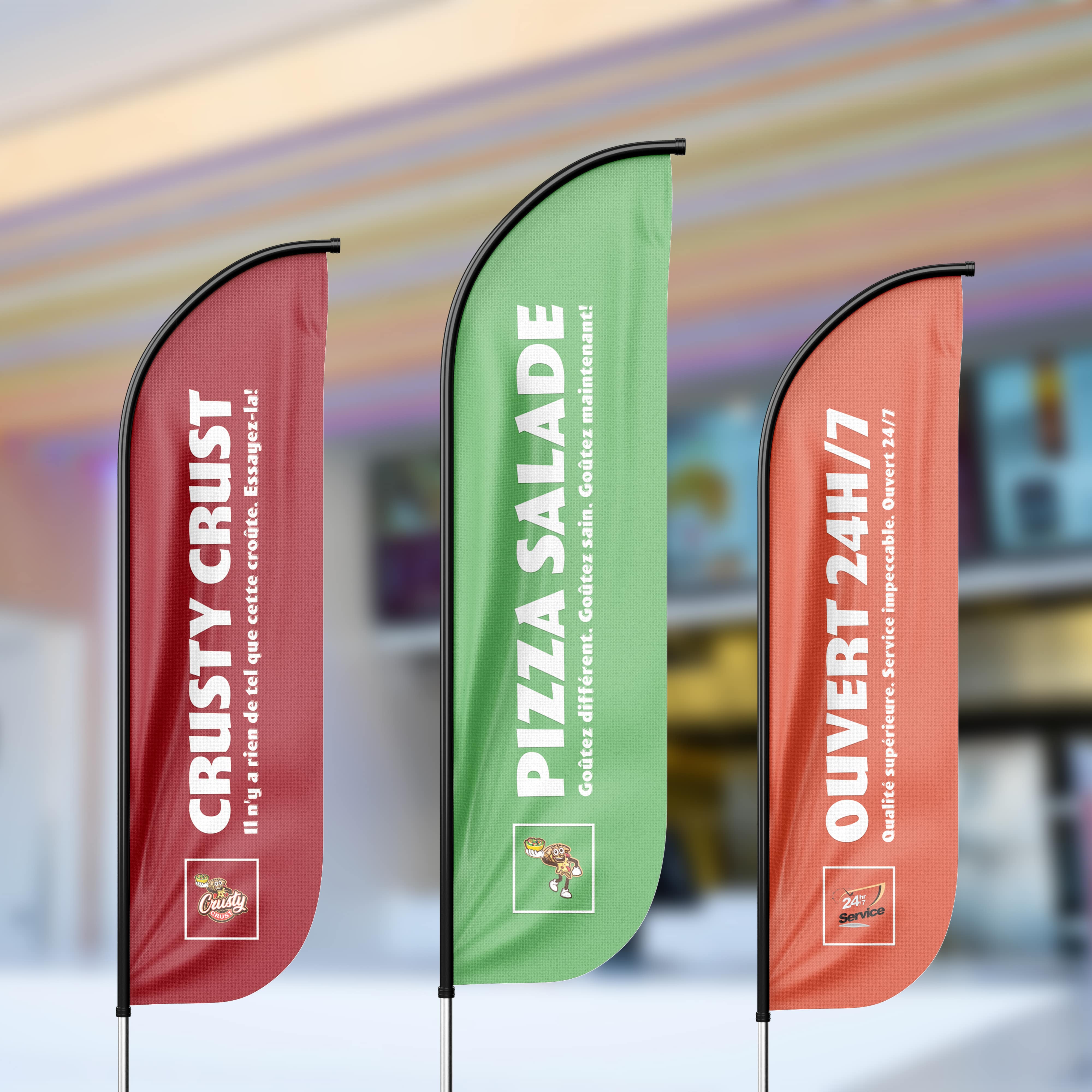drapeaux publicitaires pour pizzeria Crusty Crust à Montréal, branding et graphisme