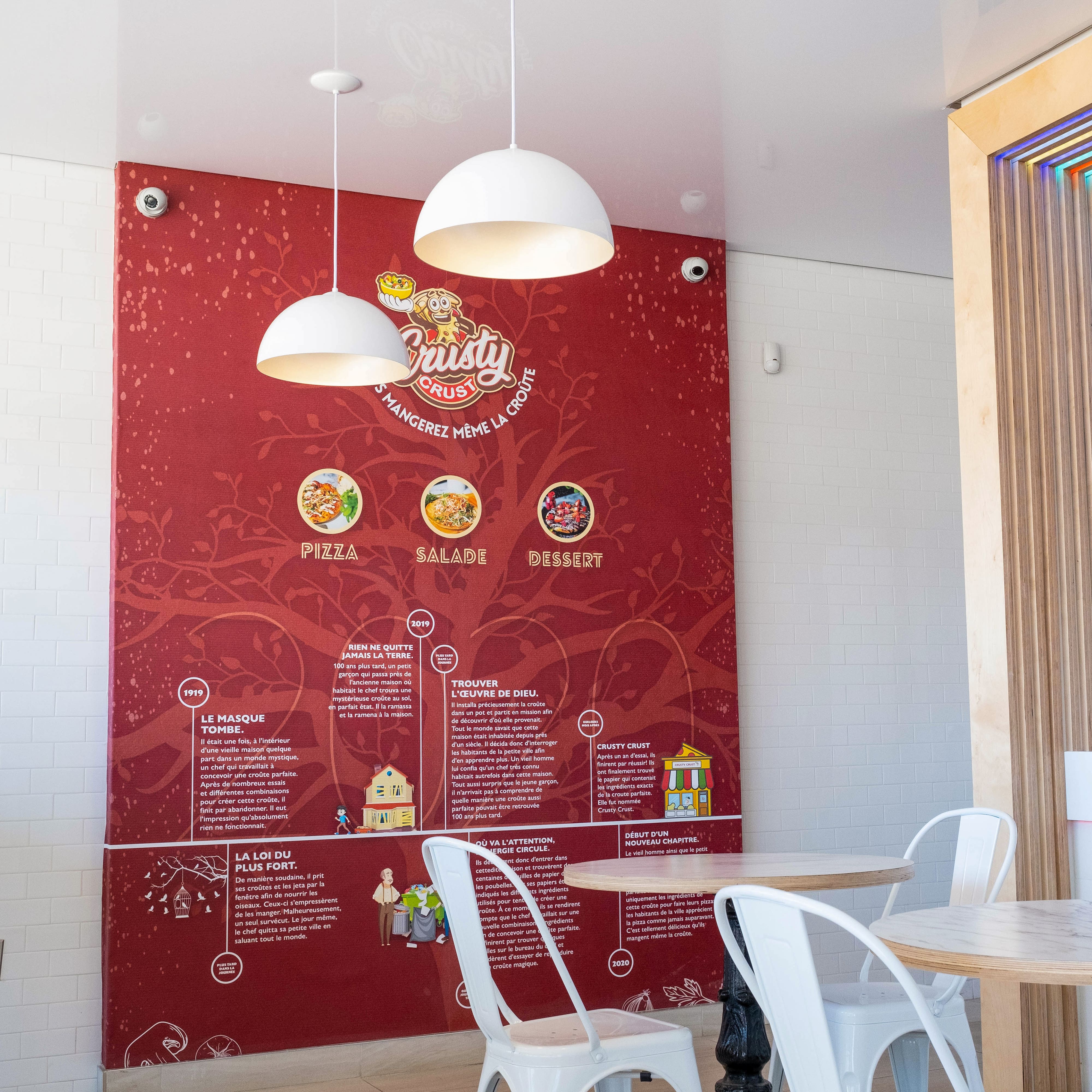 design de mur décoratif pour pizzeria Crusty Crust à Montréal, branding et graphisme