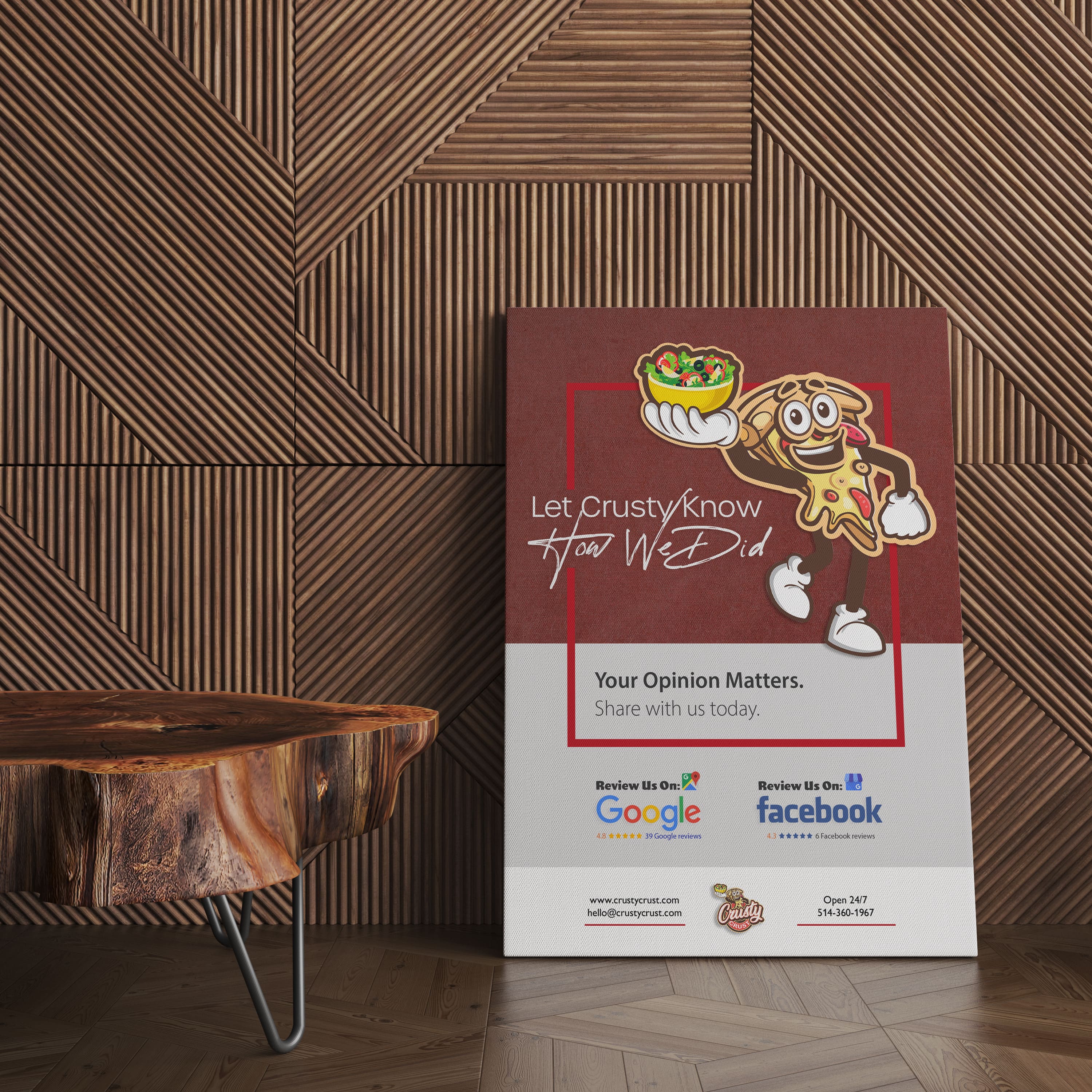 toile artistique pour évaluer l’expérience sur Google et Facebook pour Crusty Crust à Montréal, branding et graphisme