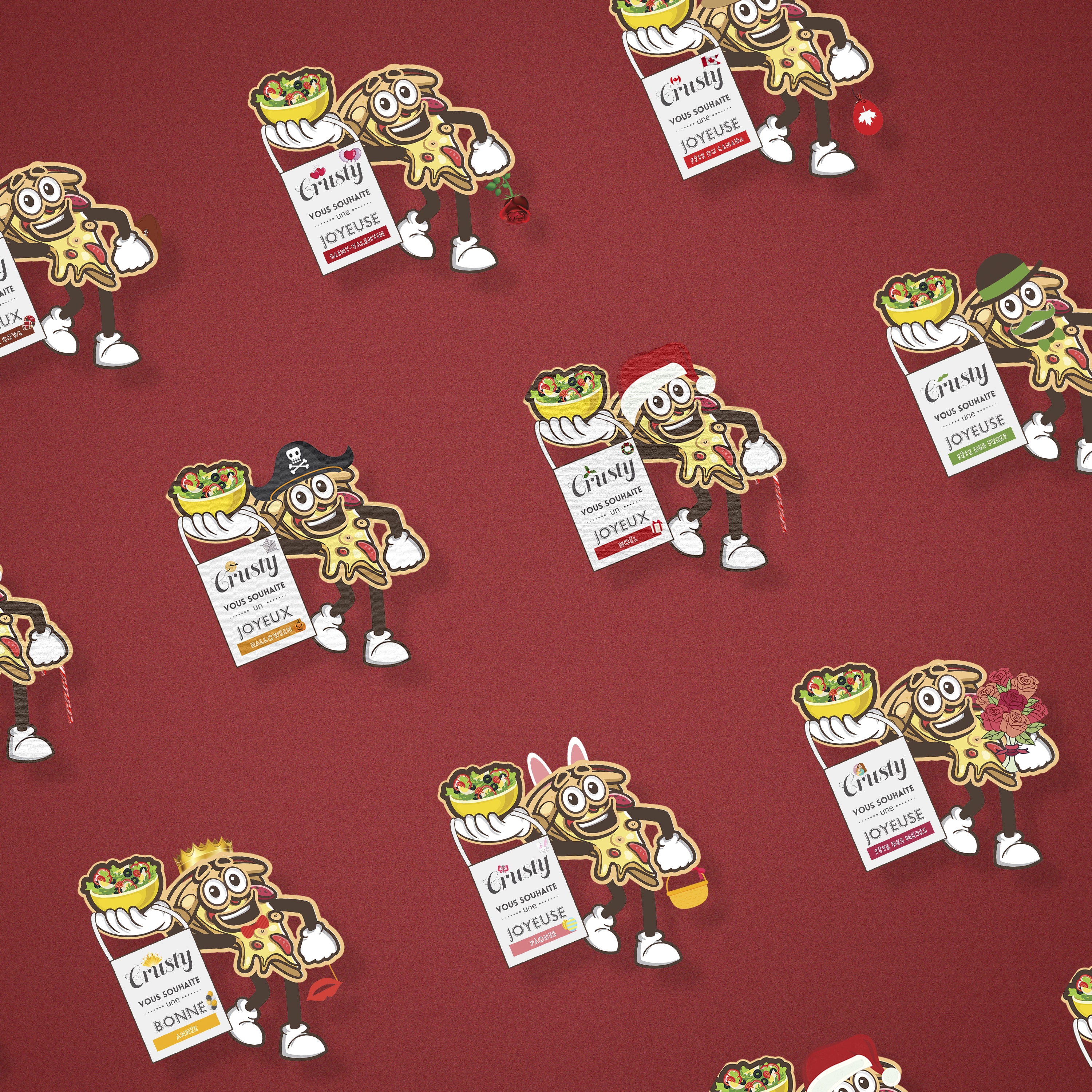 autocollants du mascot pour pizzeria Crusty Crust à Montréal, branding et graphisme