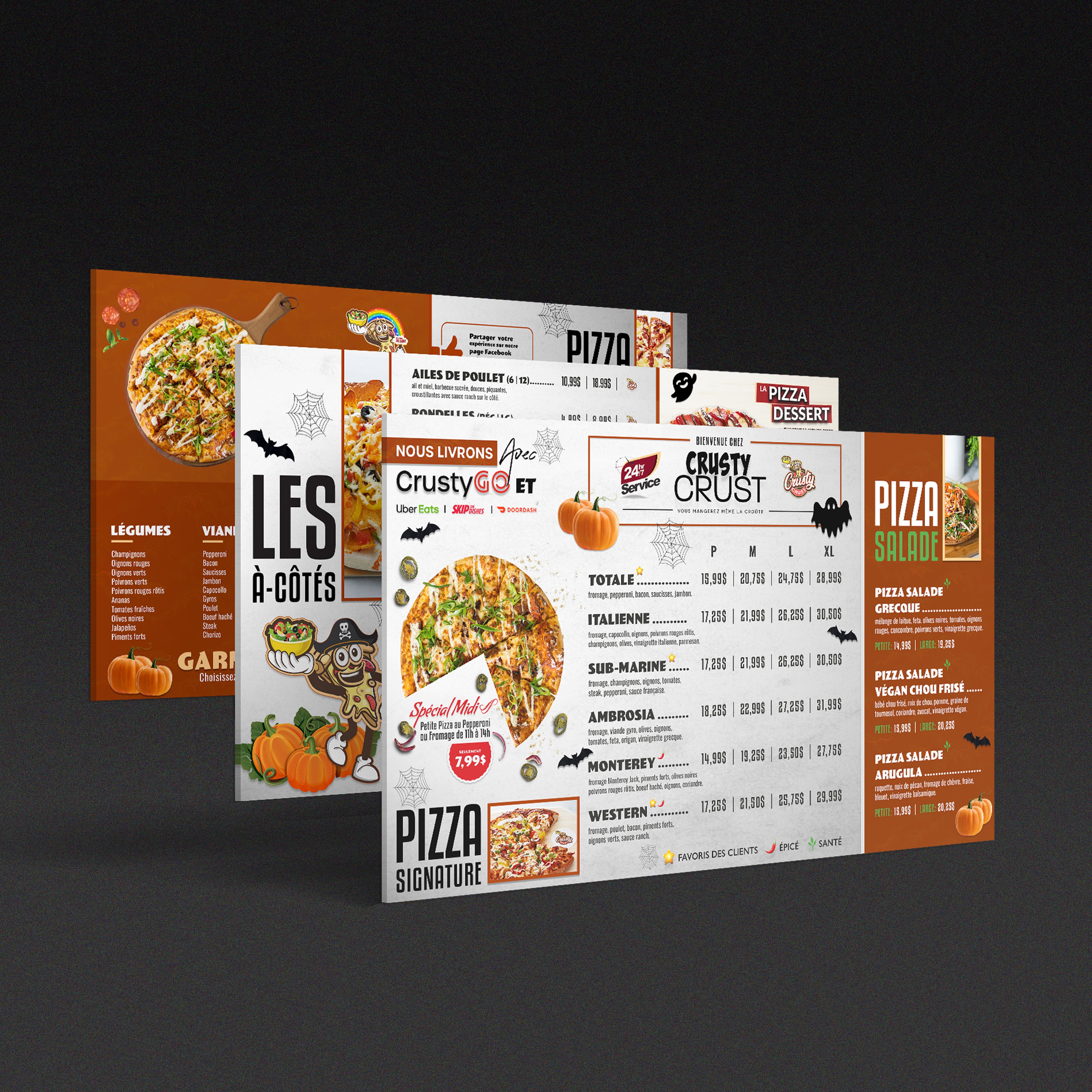 conception d’écran menu TV Halloween pour pizzeria Crusty Crust à Montréal, branding et graphisme