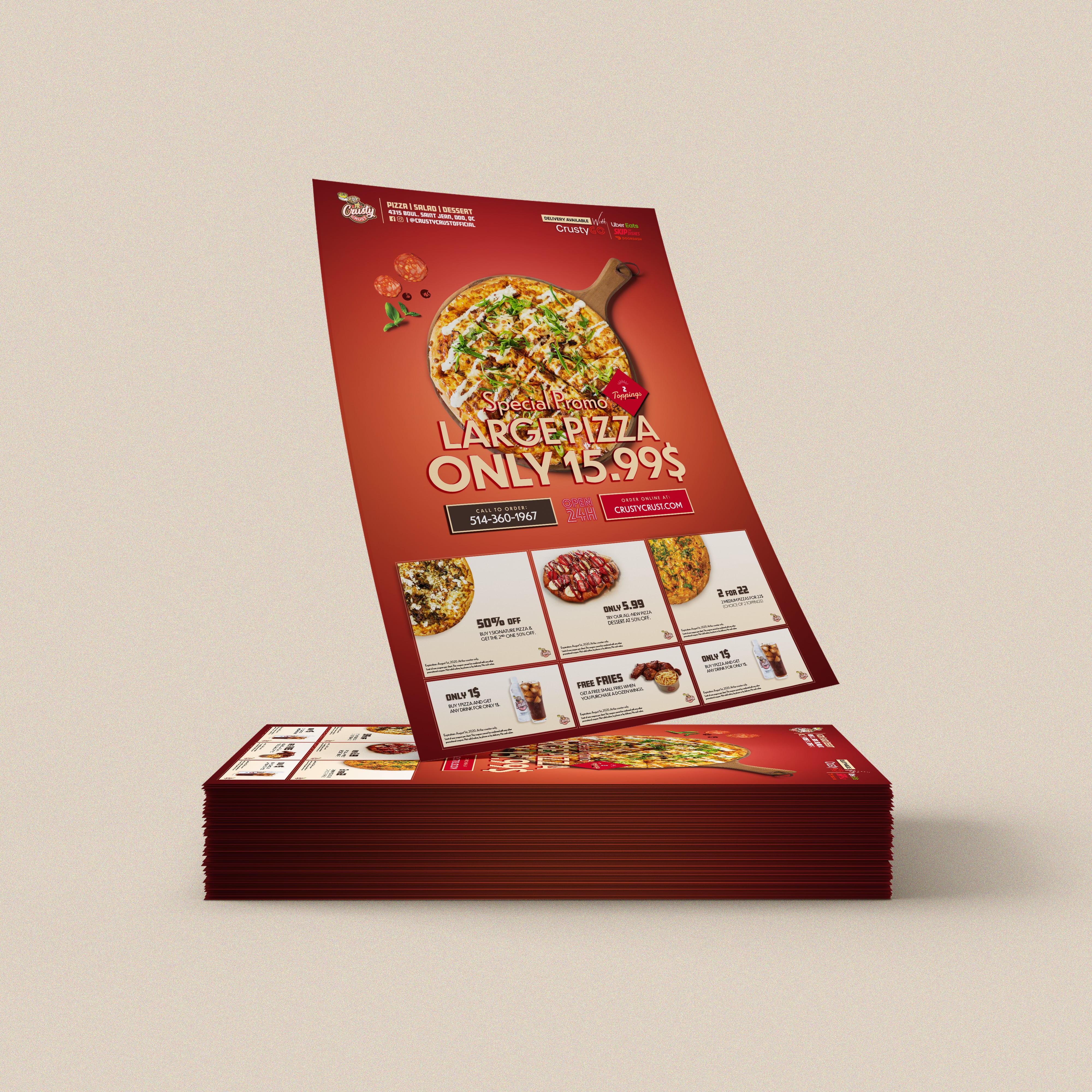 flyer promotionnel pour pizzeria Crusty Crust à Montréal, branding et graphisme