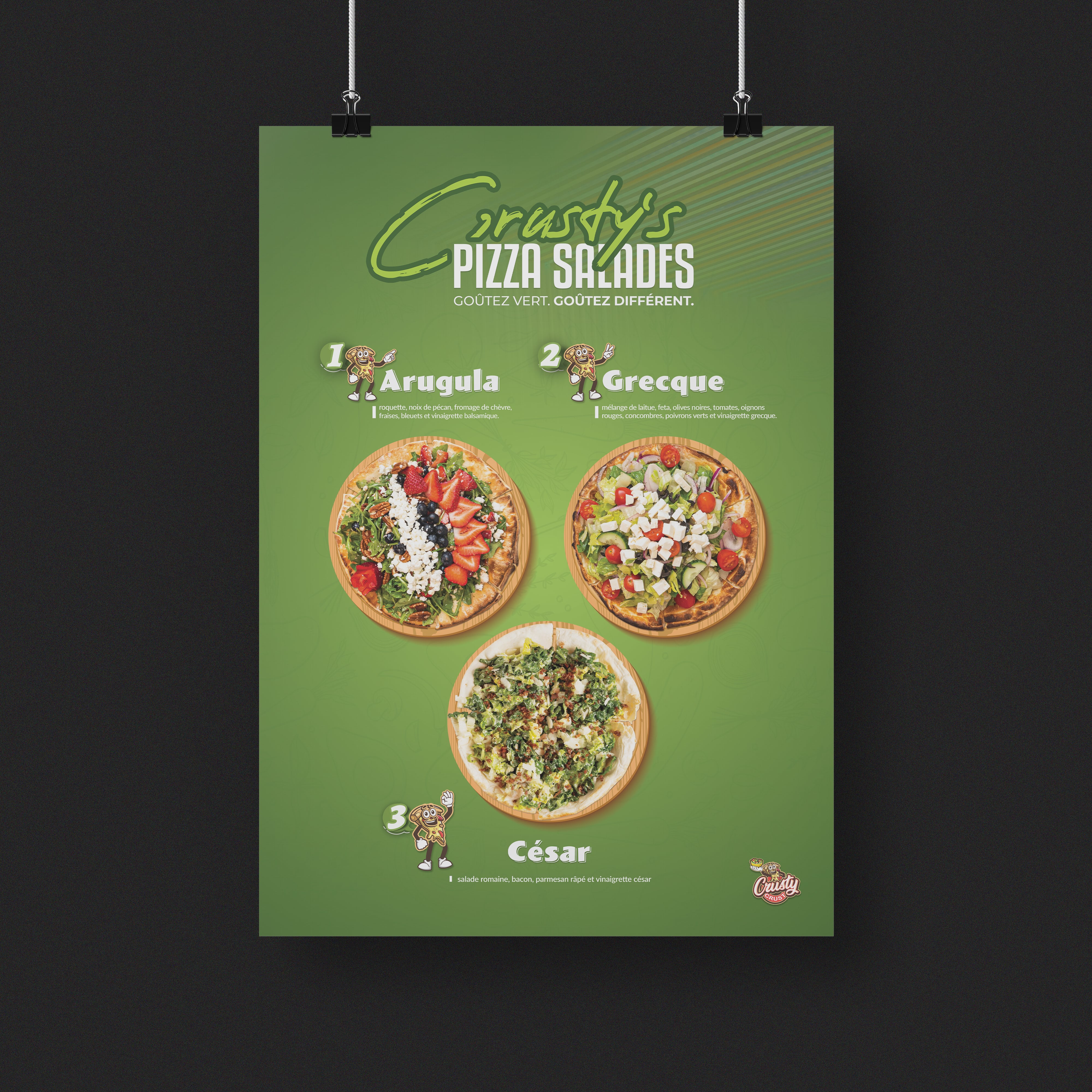 affiches pour vitrines de pizzeria Crusty Crust à Montréal, branding et graphisme