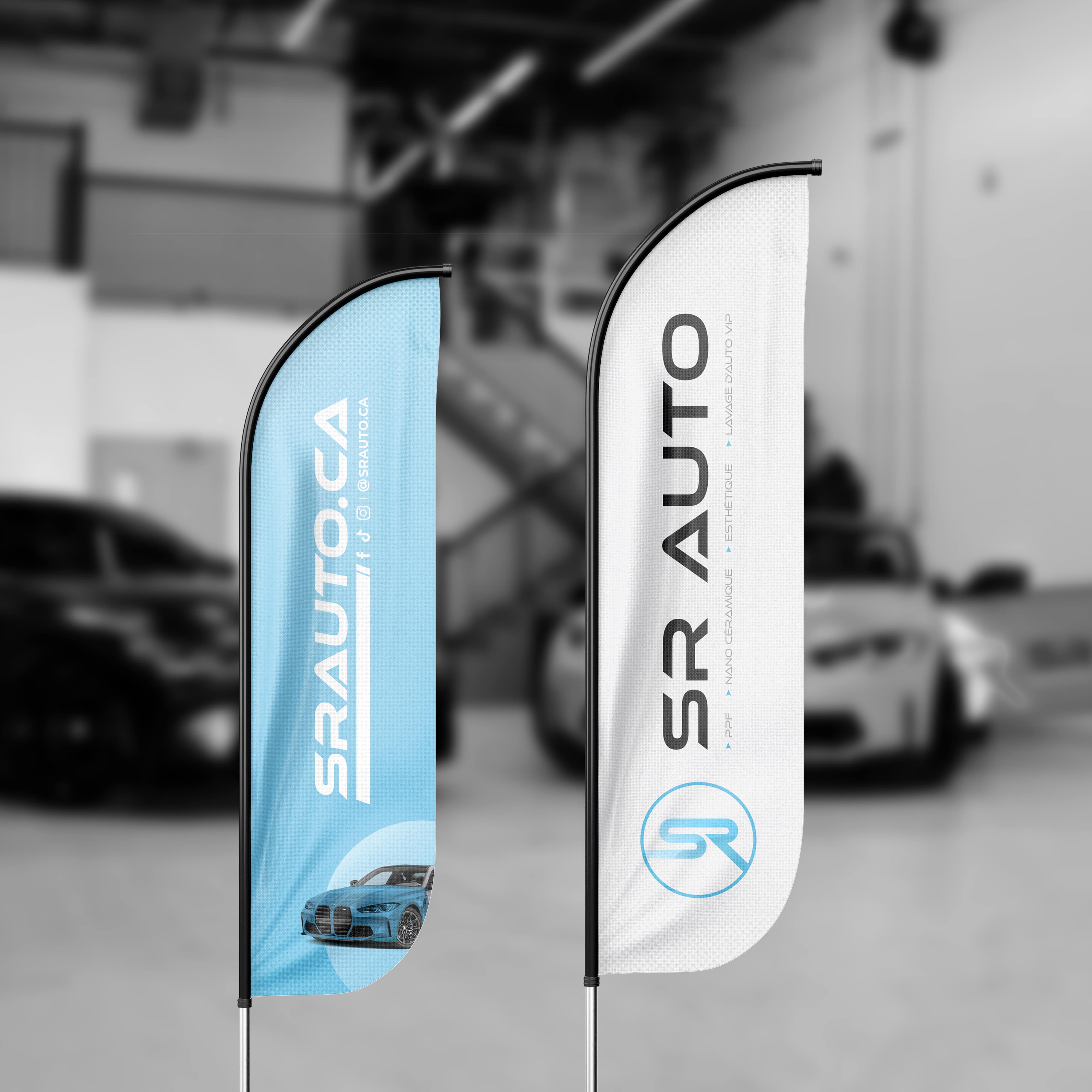 drapeaux publicitaires SR Auto PPF et detailing à Laval