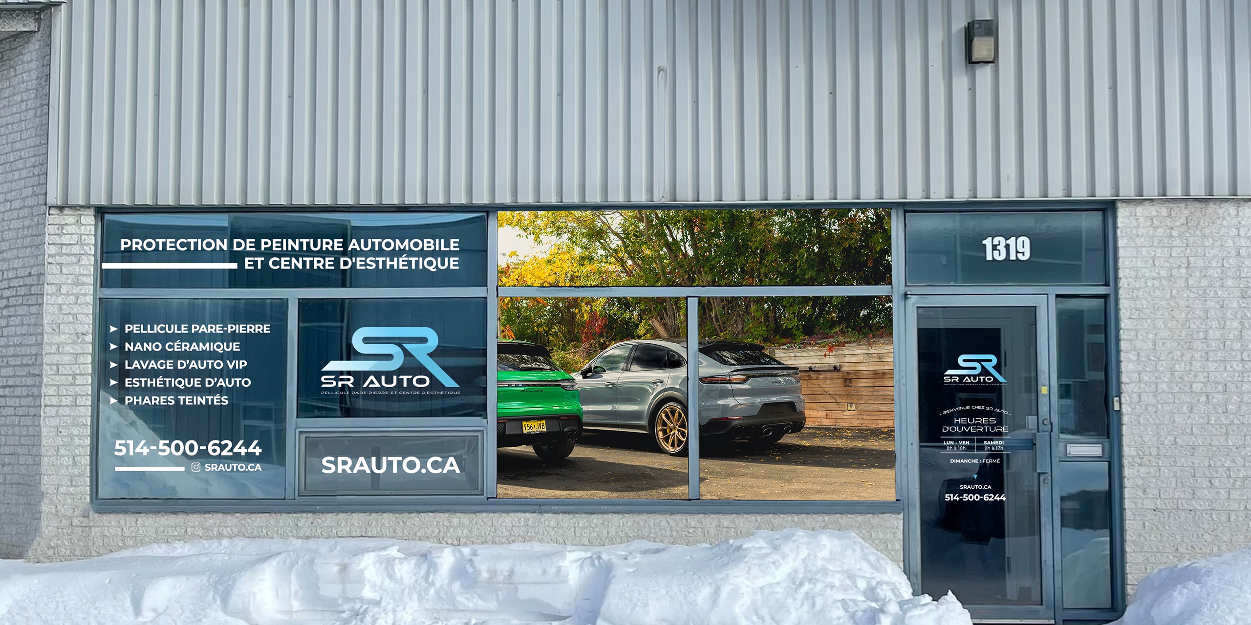 window vinyl for SR AUTO PPF & detailing in Laval, web, graphic & branding