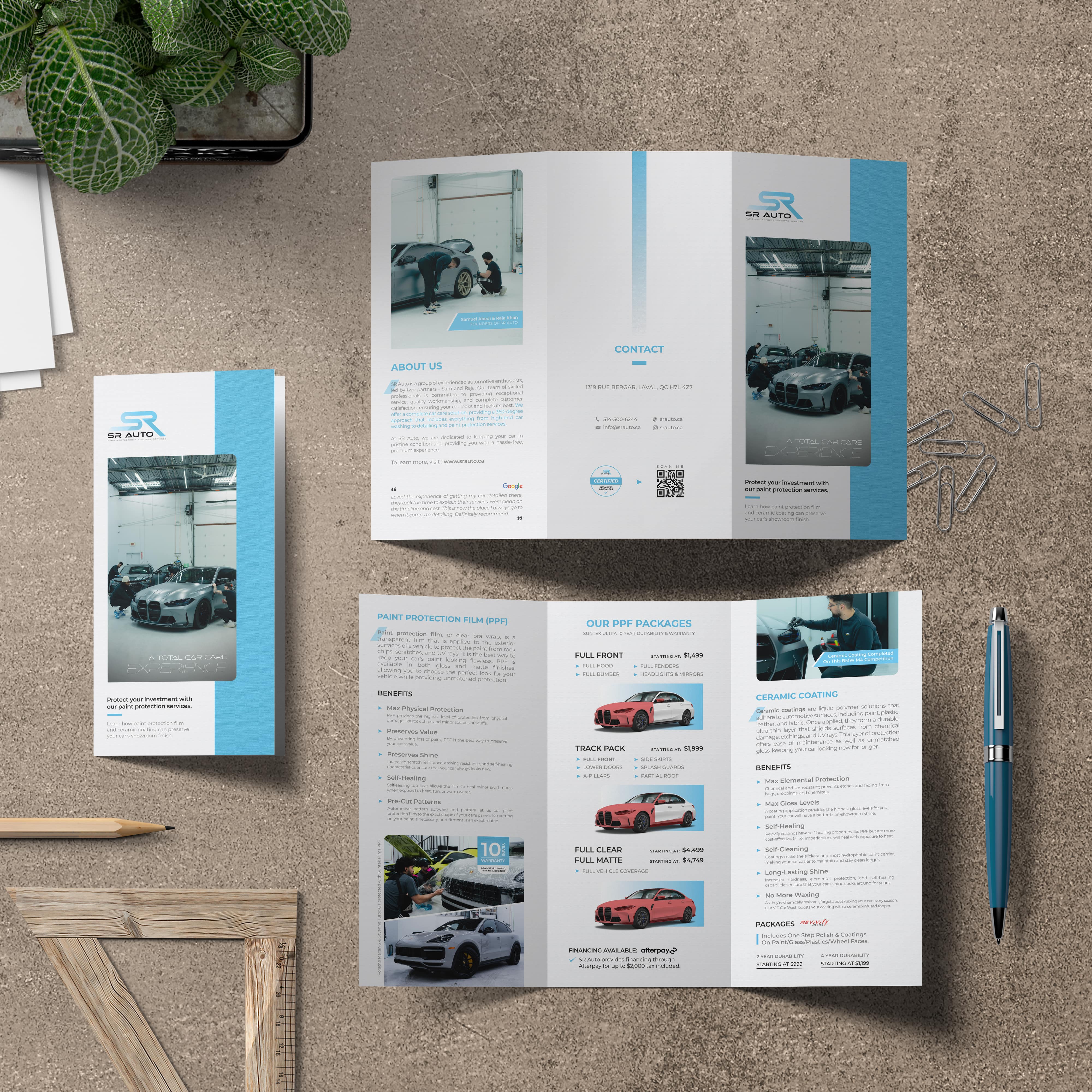 design de brochure SR Auto PPF et detailing à Laval, branding et graphisme