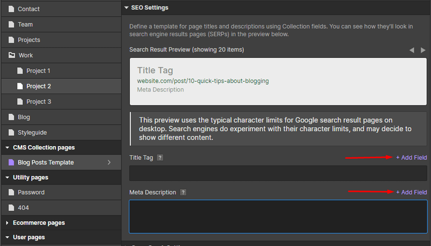 Click Add Field to add Title tag and Meta Description