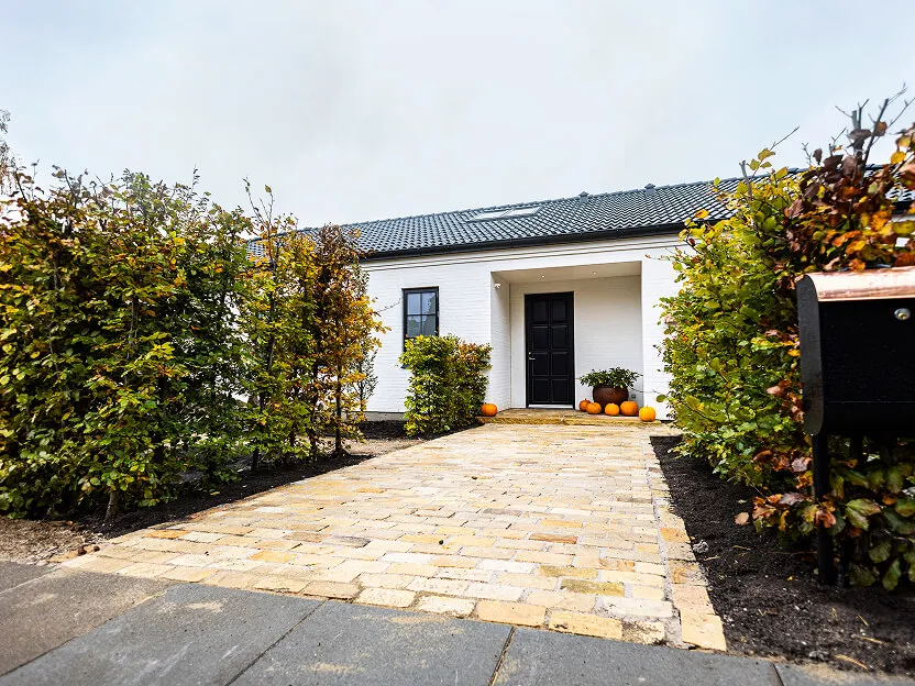 Stenbelagt sti og indgangsparti med lyse natursten omkranset af grønne hække.