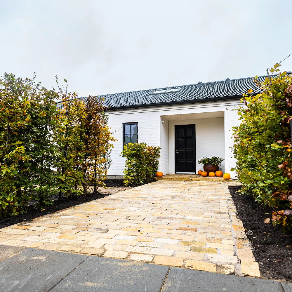 Komplet indgangsparti anlagt med gyldne sandsten og indrammet af hæk.