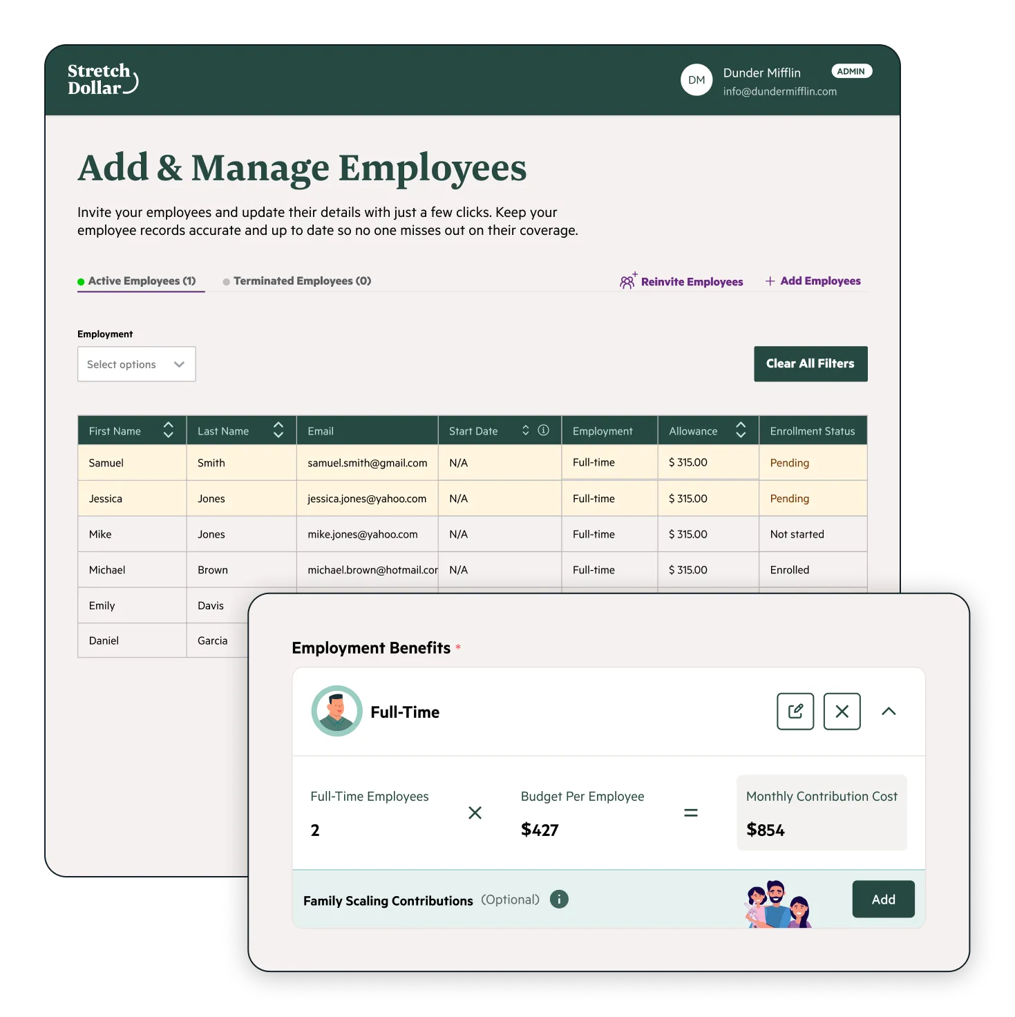 UI showcase of the "Add & Manage" and Benefits Calculator UI