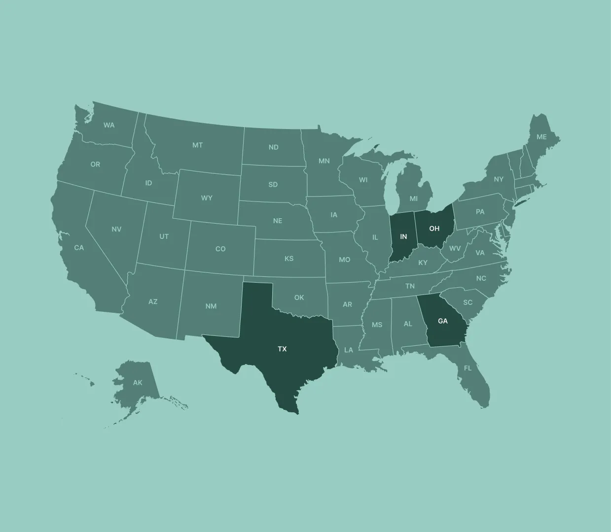 Map of the United States with Texas, Ohio, Indiana, and Georgia highlighted in dark green.