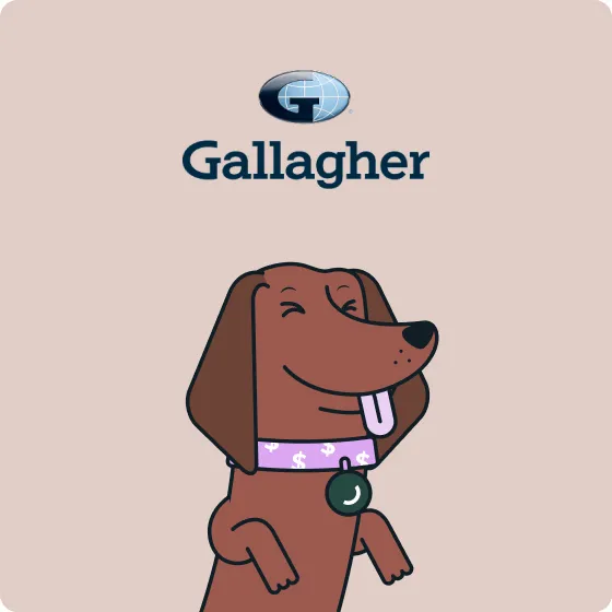 Smiling Dolly with a purple dollar-sign collar below the Gallagher logo on a beige background.