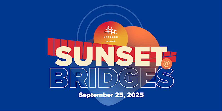 Logotipo de Puesta de sol en los puentes con fondo azul oscuro y algunas pinceladas que recuerdan al sol.
