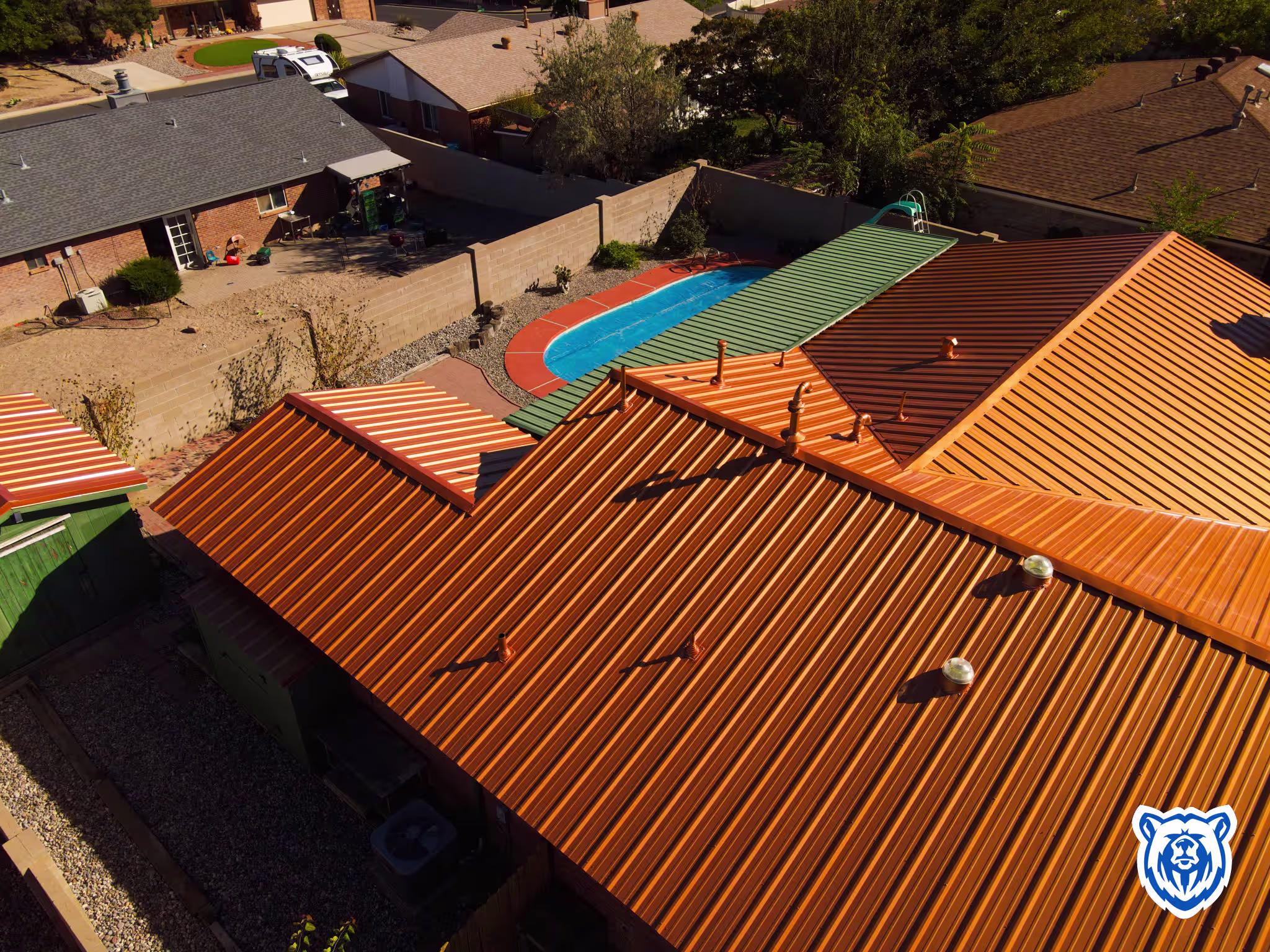 Metal roofing close up showing copper metal panels in NW Albuquerque