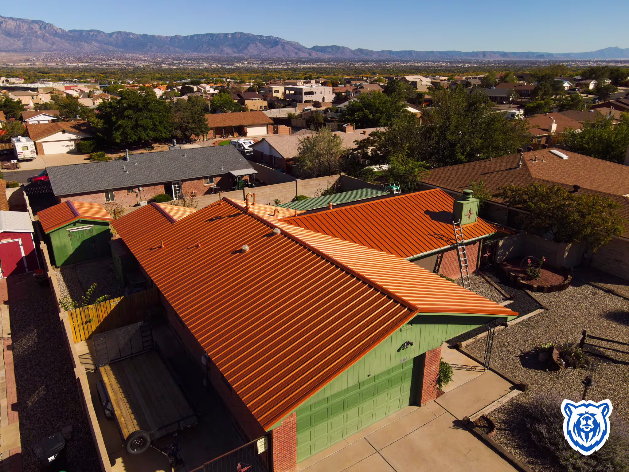 Copper metal roof replacement - front view ridge closeup