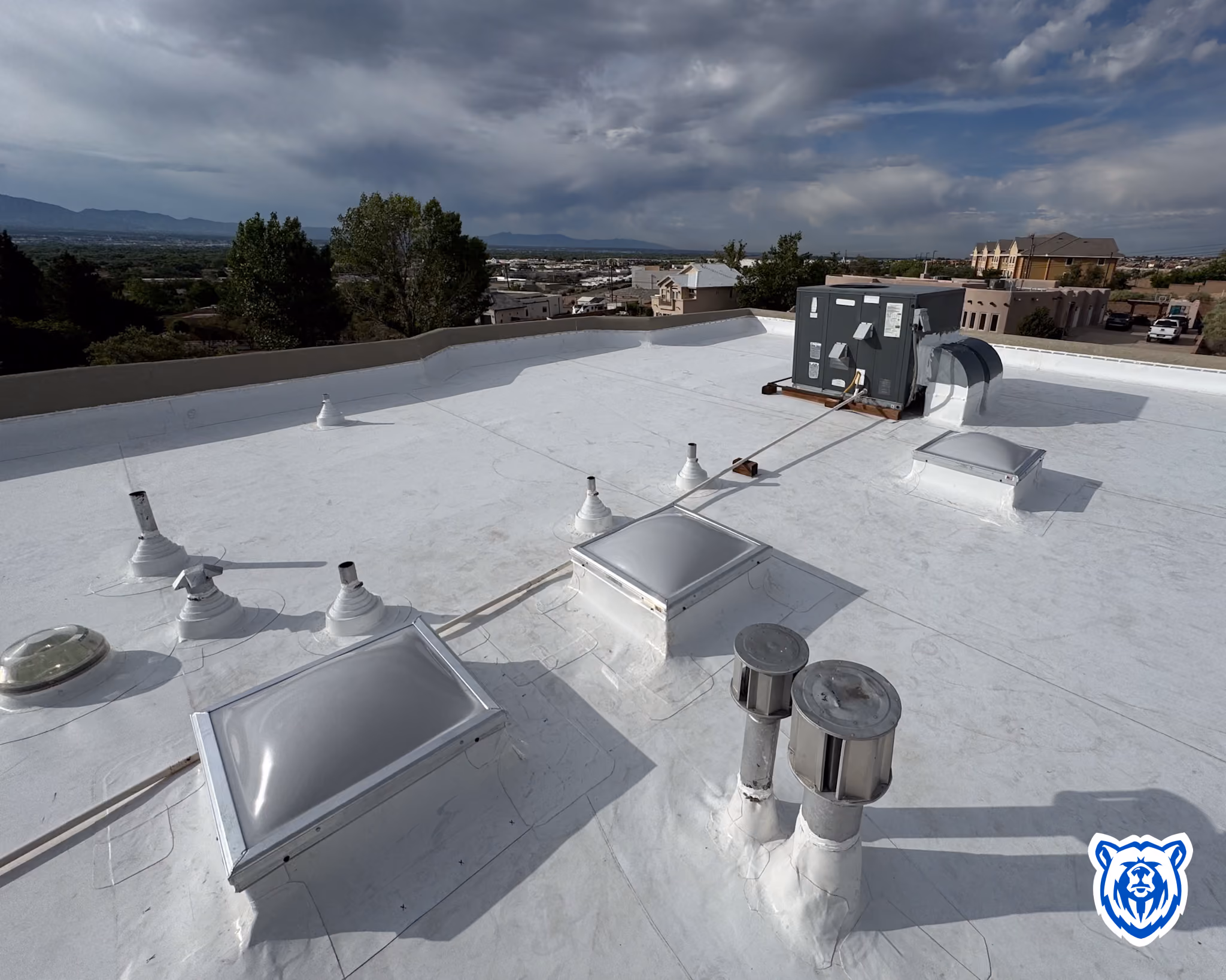 TPO roof replacement closeups showing flashing details at penetrations