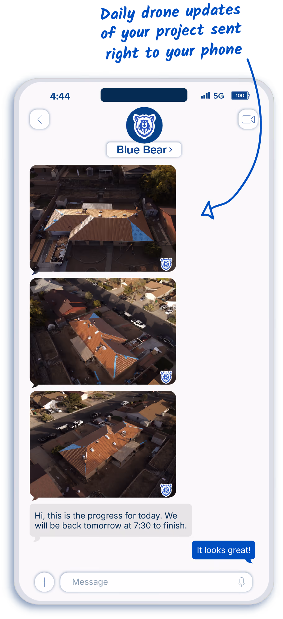 text conversation with progress images of roof project