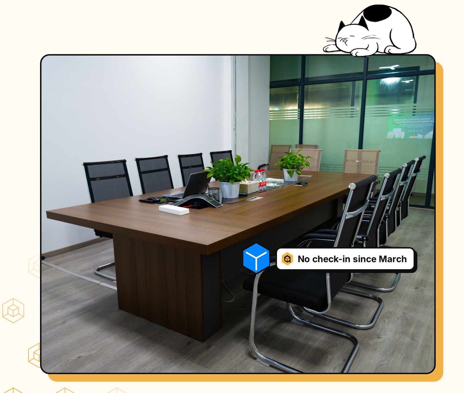An empty boardroom. Tess has flagged a note: No check-in since March. A cat sleeps on the frame.