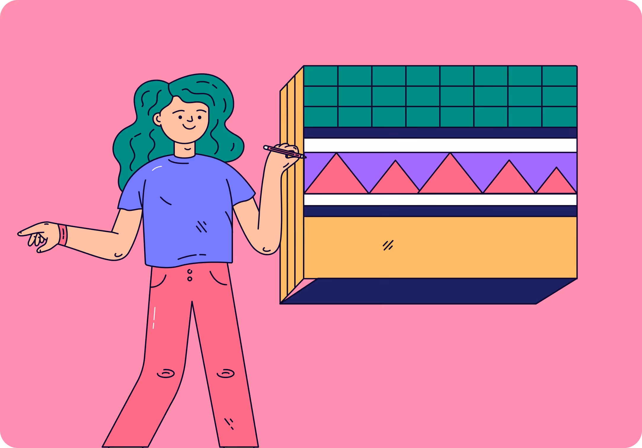 A digital illustration of a woman with green hair holding a box with colorful geometric patterns on a pink background for Web Push Notification Frequency: Optimal Number of Campaigns To Send