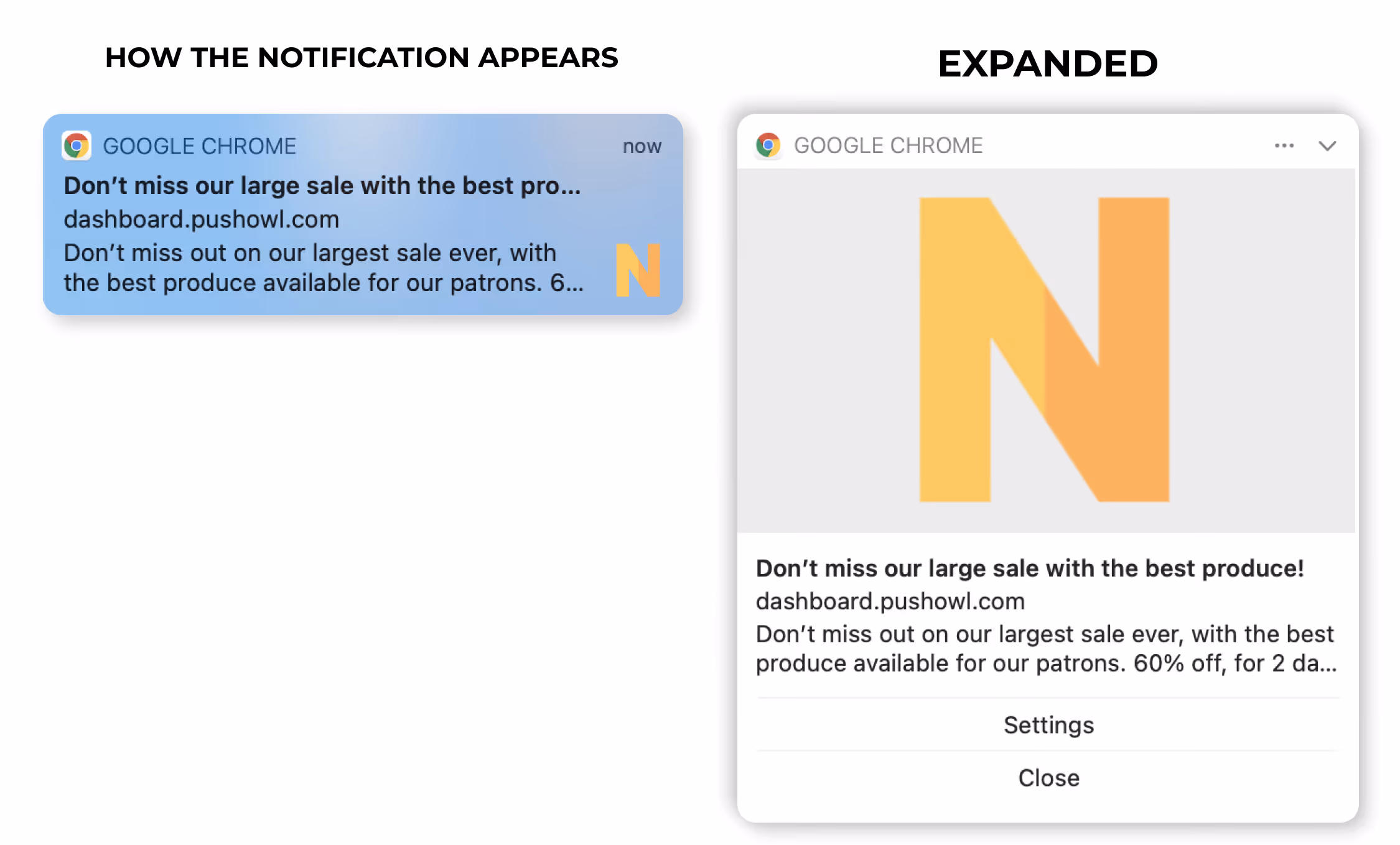 Comparison of a Google Chrome push notification showing its initial compact appearance on the left and its expanded view on the right, both advertising a large sale with best produce.