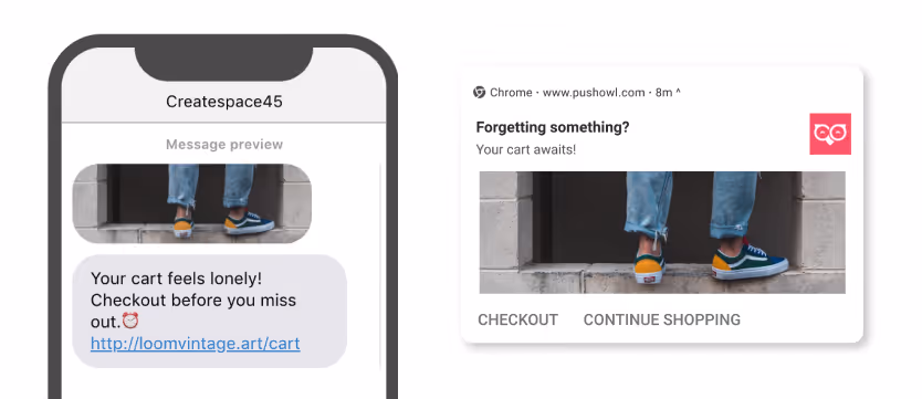 A text message and a push notification reminding a user to checkout, featuring a pair of sneakers with options to "Checkout" or "Continue Shopping."