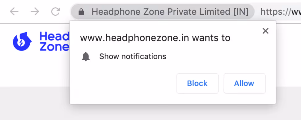 A browser notification asking if the user wants to allow notifications from "Headphone Zone."
