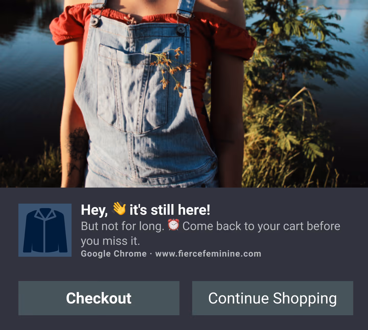  A push notification showing a model wearing a red top and denim overalls, with a message offering a cart reminder to "Checkout" or "Continue Shopping."