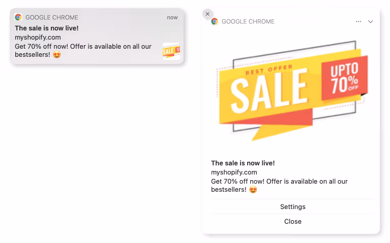 A push notification showing a sale announcement, with a 70% discount on all bestsellers, on a colorful "SALE" banner.