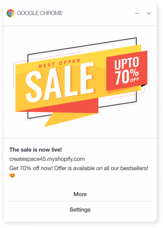 A push notification displaying the same 70% discount on bestsellers with a bright "SALE" banner, including a "More" and "Settings" button.