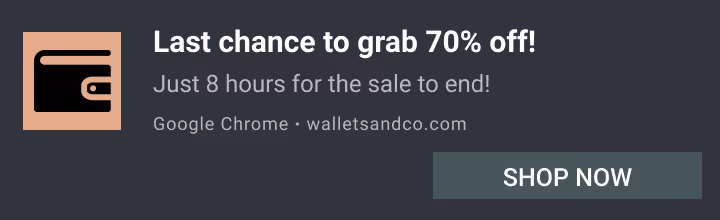 Push notification from https://www.google.com/search?q=walletsandco.com announcing 'Last chance to grab 70% off!' with an 8-hour countdown, featuring a wallet icon and 'SHOP NOW' button.