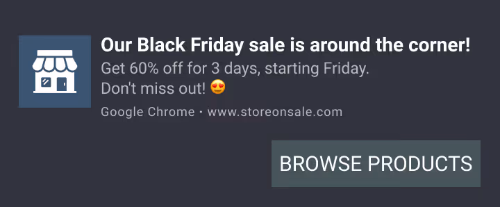 Push notification from storeonsale.com for an upcoming Black Friday sale, offering '60% off for 3 days,' with a storefront icon and 'BROWSE PRODUCTS' button.