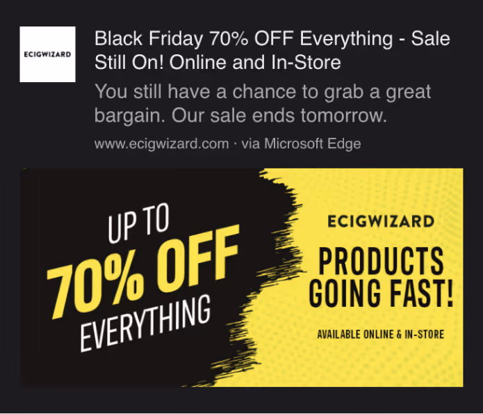 cigwizard rich push notification for Black Friday sale, featuring a banner with 'UP TO 70% OFF EVERYTHING' and 'PRODUCTS GOING FAST!', available online and in-store.